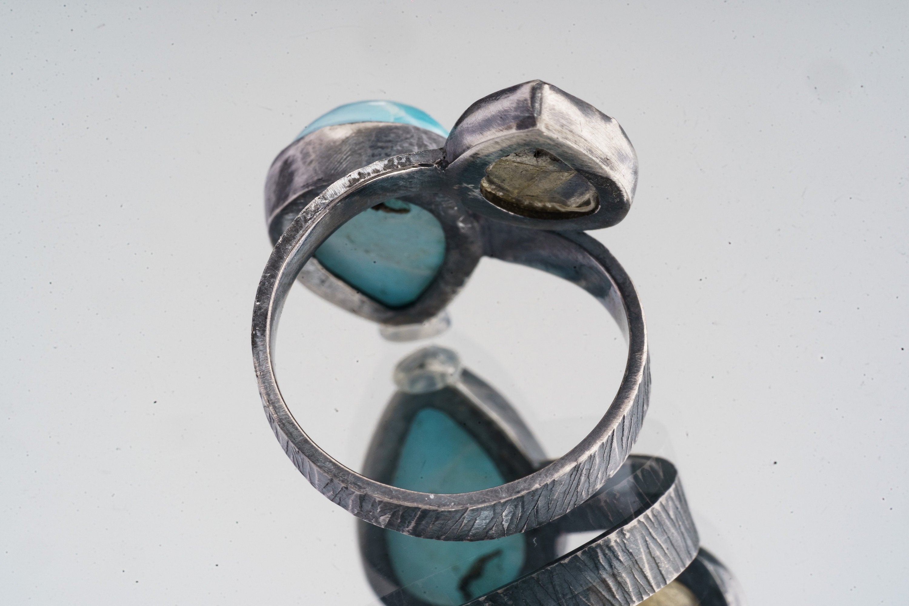 Harmonic Duo - Teardrop Labradorite and Larimar - Unisex - Size 4-10 US - Large Adjustable Sterling Silver Ring