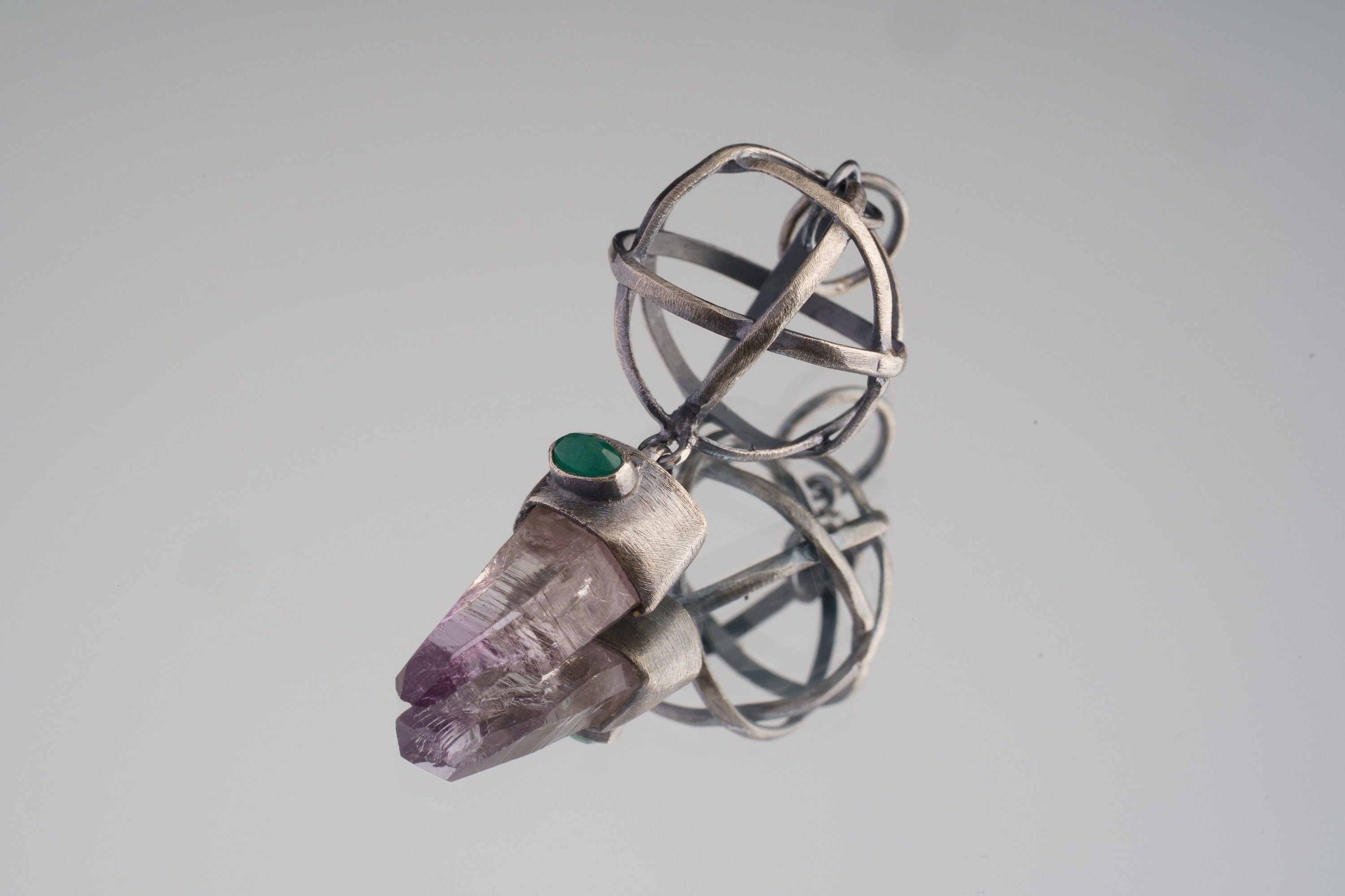 Ethereal Harmony: Vera Cruz Amethyst Point & Eye Shaped Faceted Emerald - Oxidised and Brush Textured - Sterling Silver Pendant