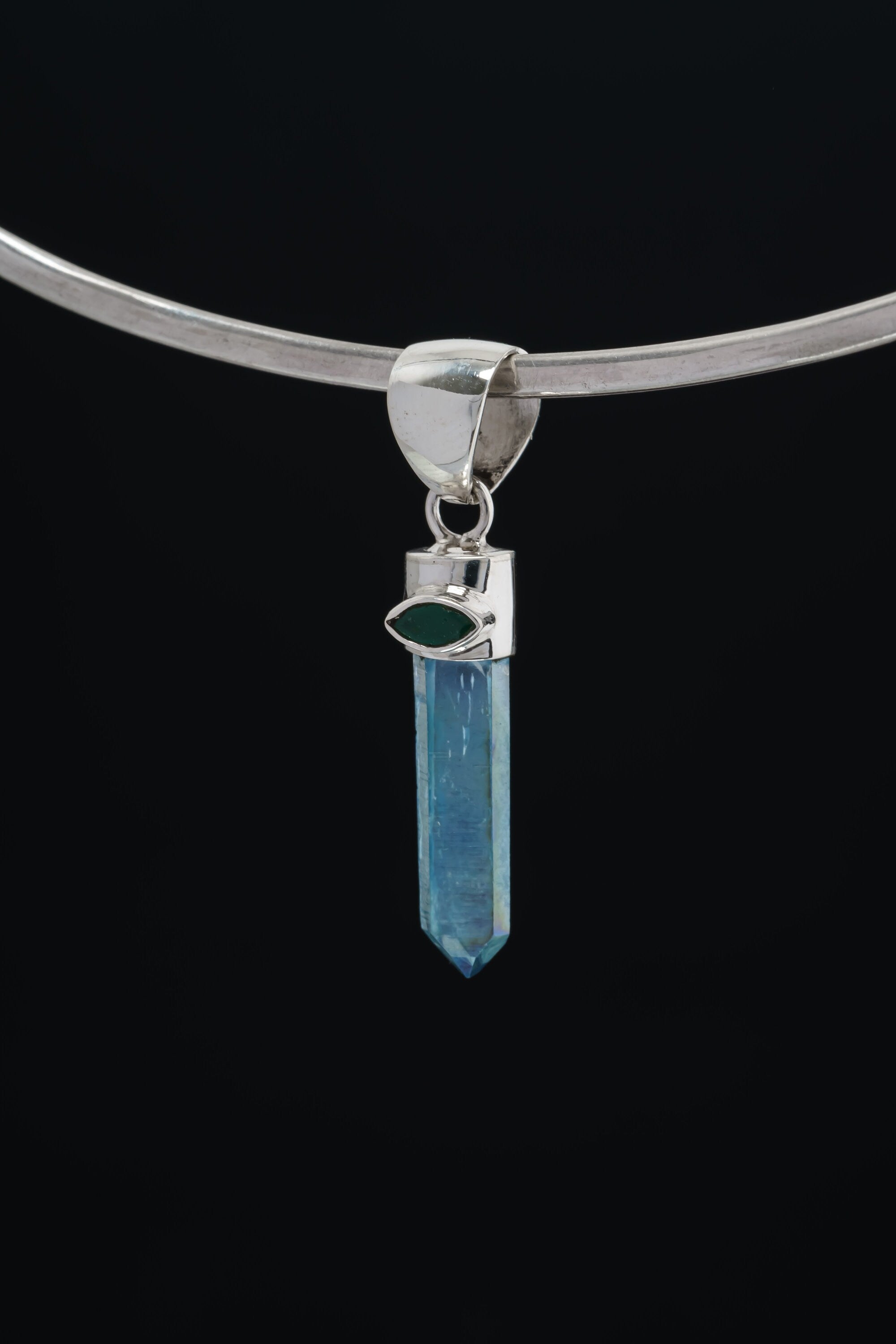 Emerald-Eyed Elixir: Aqua Aura Quartz & Eye Shape Faceted Natural Emerald - High Shine Sterling Silver Crystal Pendant NO/9