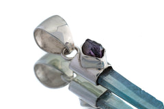 Ethereal Alchemy: Aqua Aura Quartz & Raw Amethyst - High Shine Sterling Silver Crystal Pendant NO/16