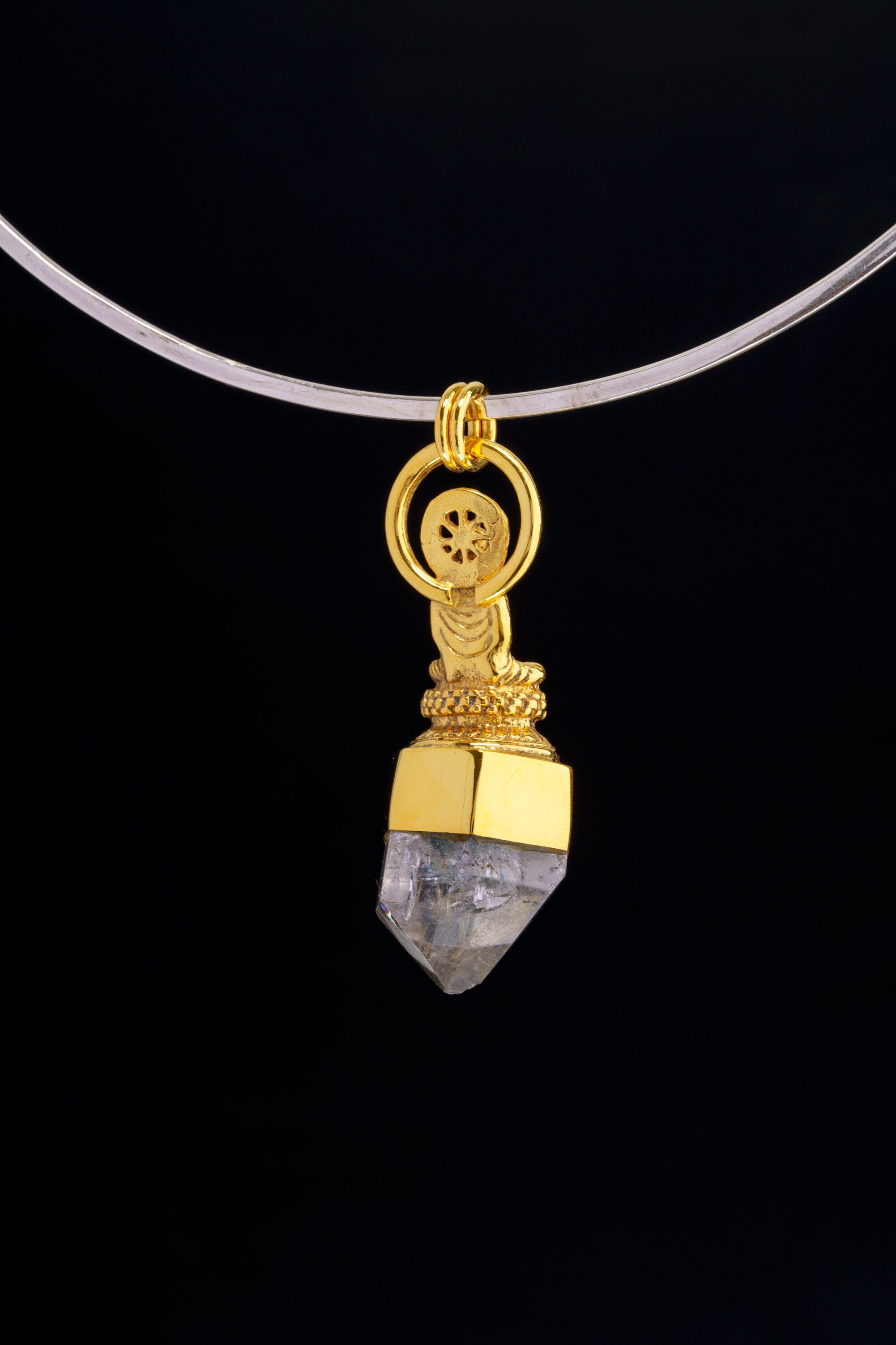 Eclipsing Serenity: The Praying Budha with a Cut Inclusion Golden Rutile Quartz - Gold Plated Sterling Silver Talisman Pendant