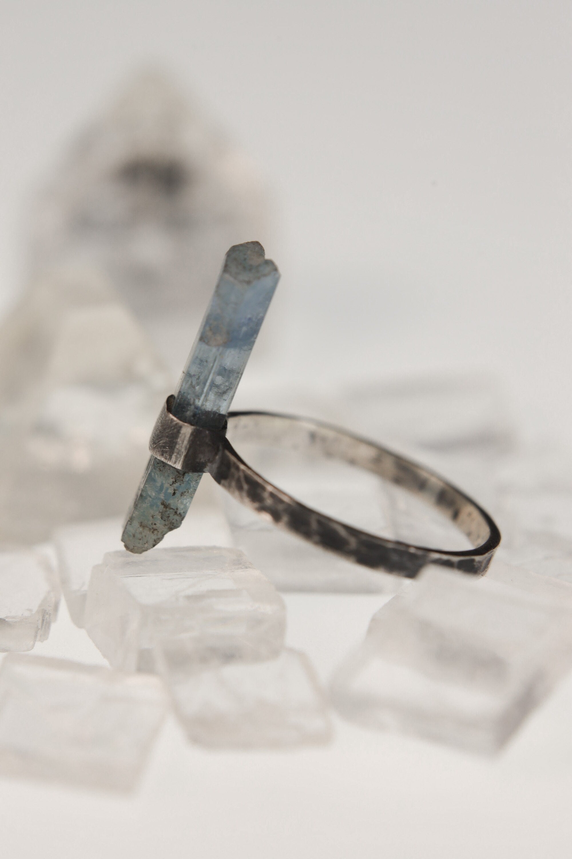Himalayan Whisper: Textured & Oxidised Sterling Silver Ring with Raw Natural Himalayan Aquamarine - Size 8 1/2 US - NO/01