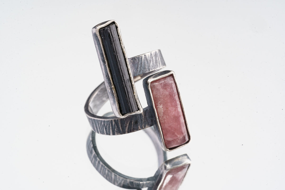 Yin and Yang Harmony - Black Tourmaline and Rhodochrosite - Unisex - Size 4-10 US - Large Adjustable Sterling Silver Ring