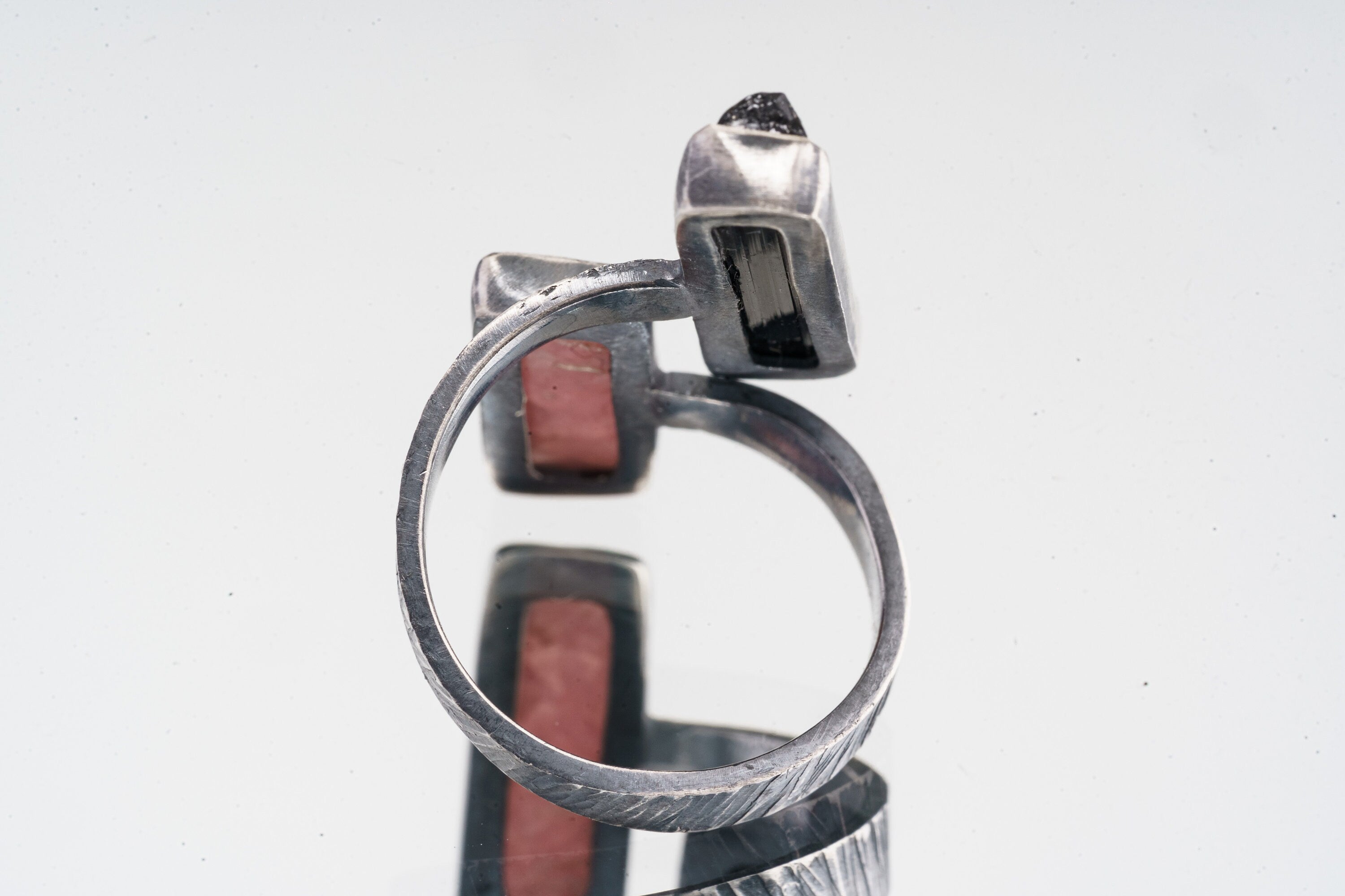Yin and Yang Harmony - Black Tourmaline and Rhodochrosite - Unisex - Size 4-10 US - Large Adjustable Sterling Silver Ring