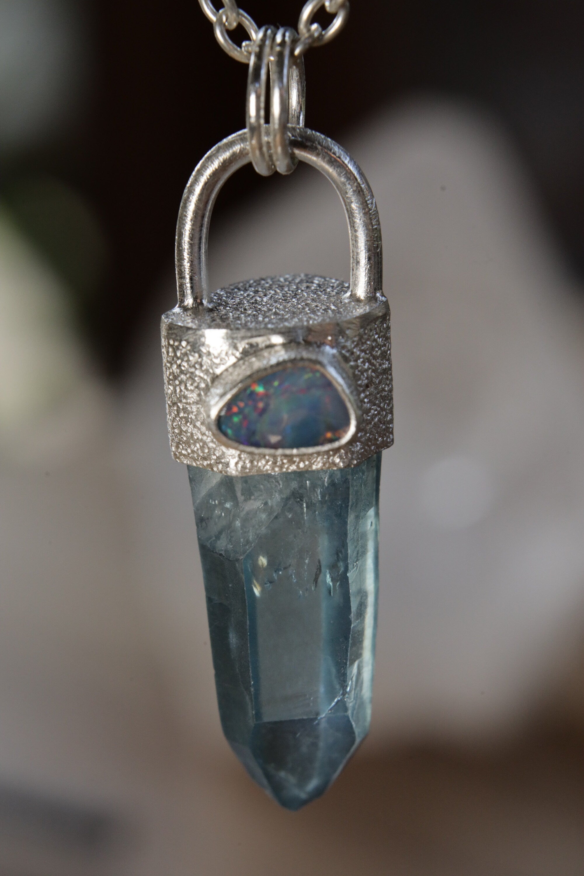 Aqua Luminescence: Aqua Aura Quartz & Australian Opal Doublet - High Shine Sterling Silver Crystal Pendant - NO/03