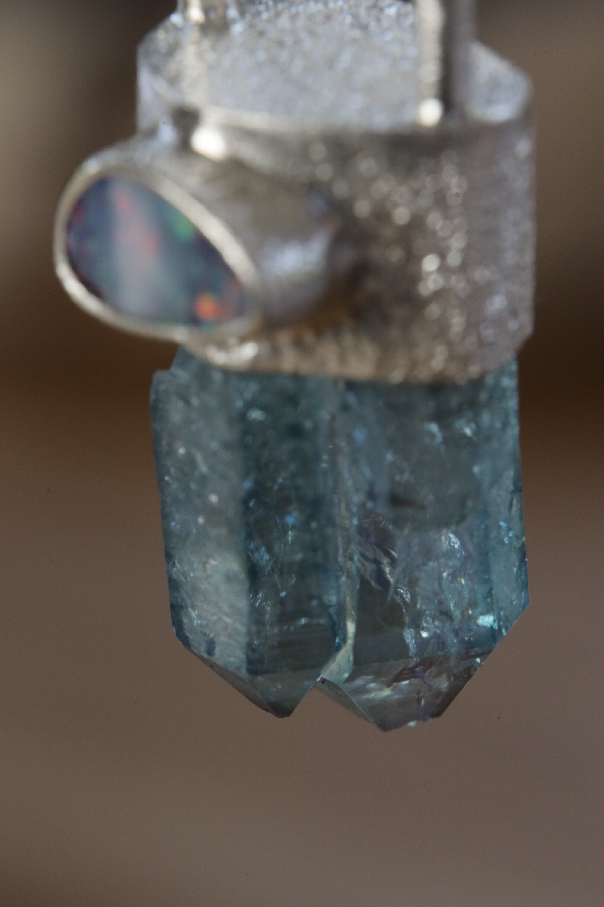 Twin Luminescence: Aqua Aura Twin Quartz & Australian Opal Doublet - High Shine Sterling Silver Crystal Pendant