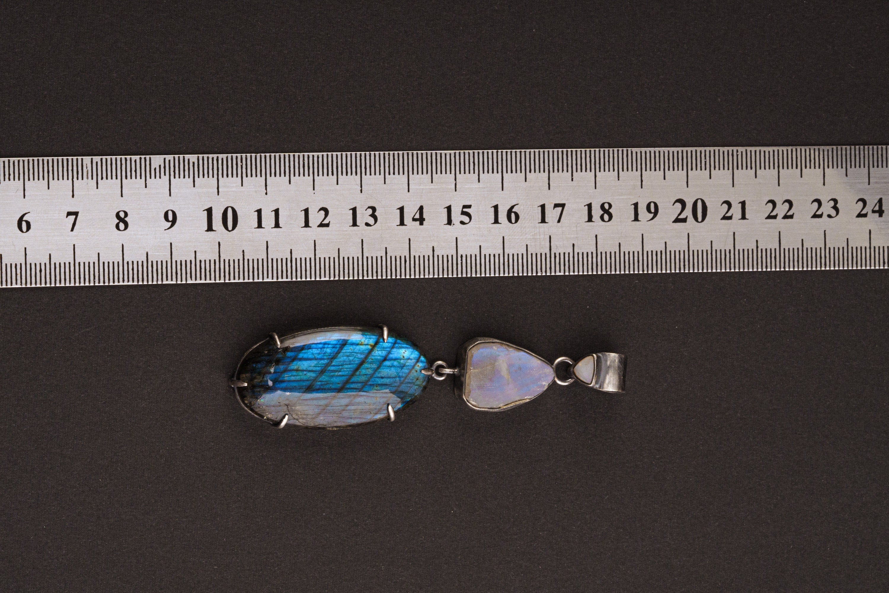 Celestial Alignment: Ethiopian Opal, Blue Moonstone, and Labradorite - Sterling Silver Pendant