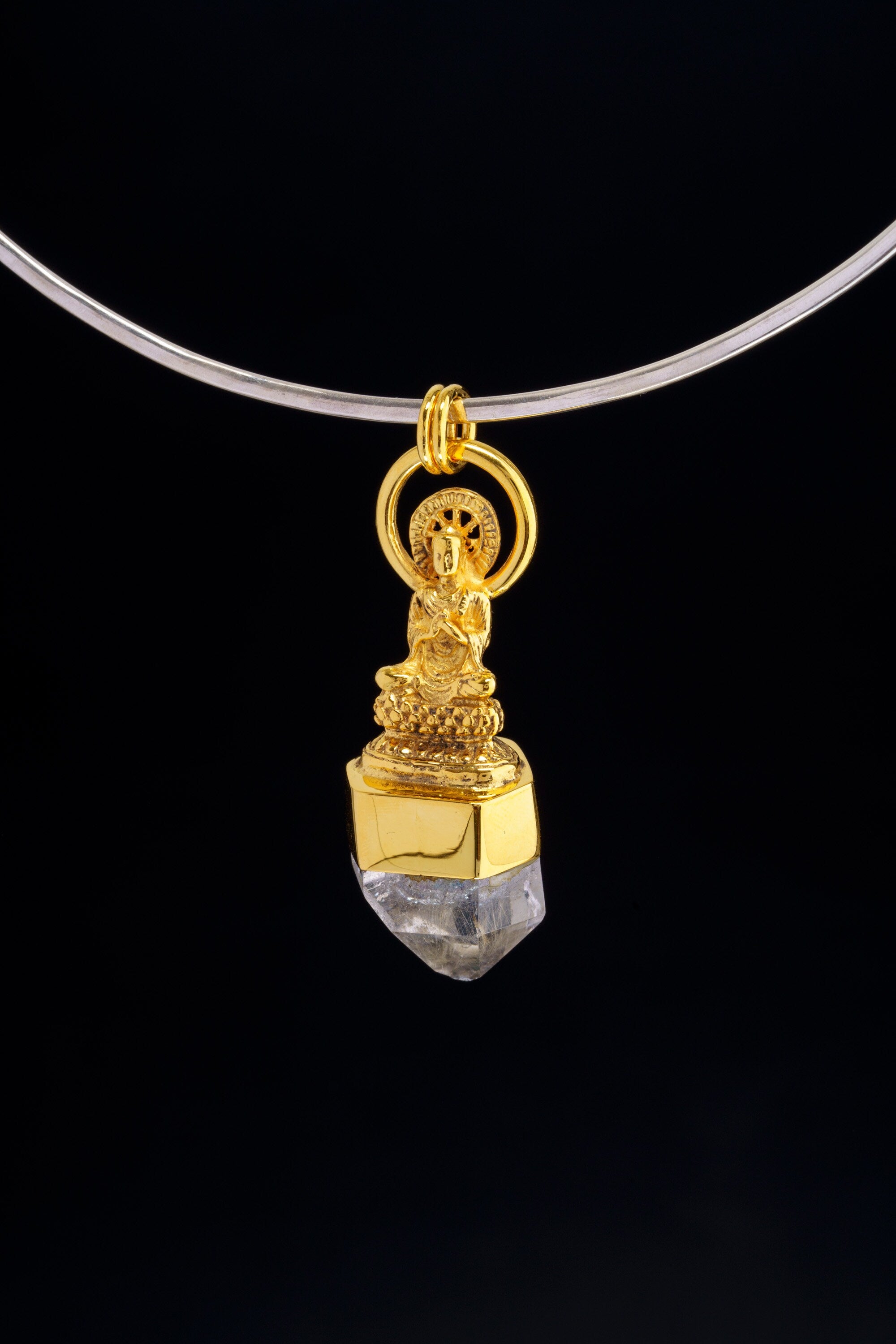 Eclipsing Serenity: The Praying Budha with a Cut Inclusion Golden Rutile Quartz - Gold Plated Sterling Silver Talisman Pendant