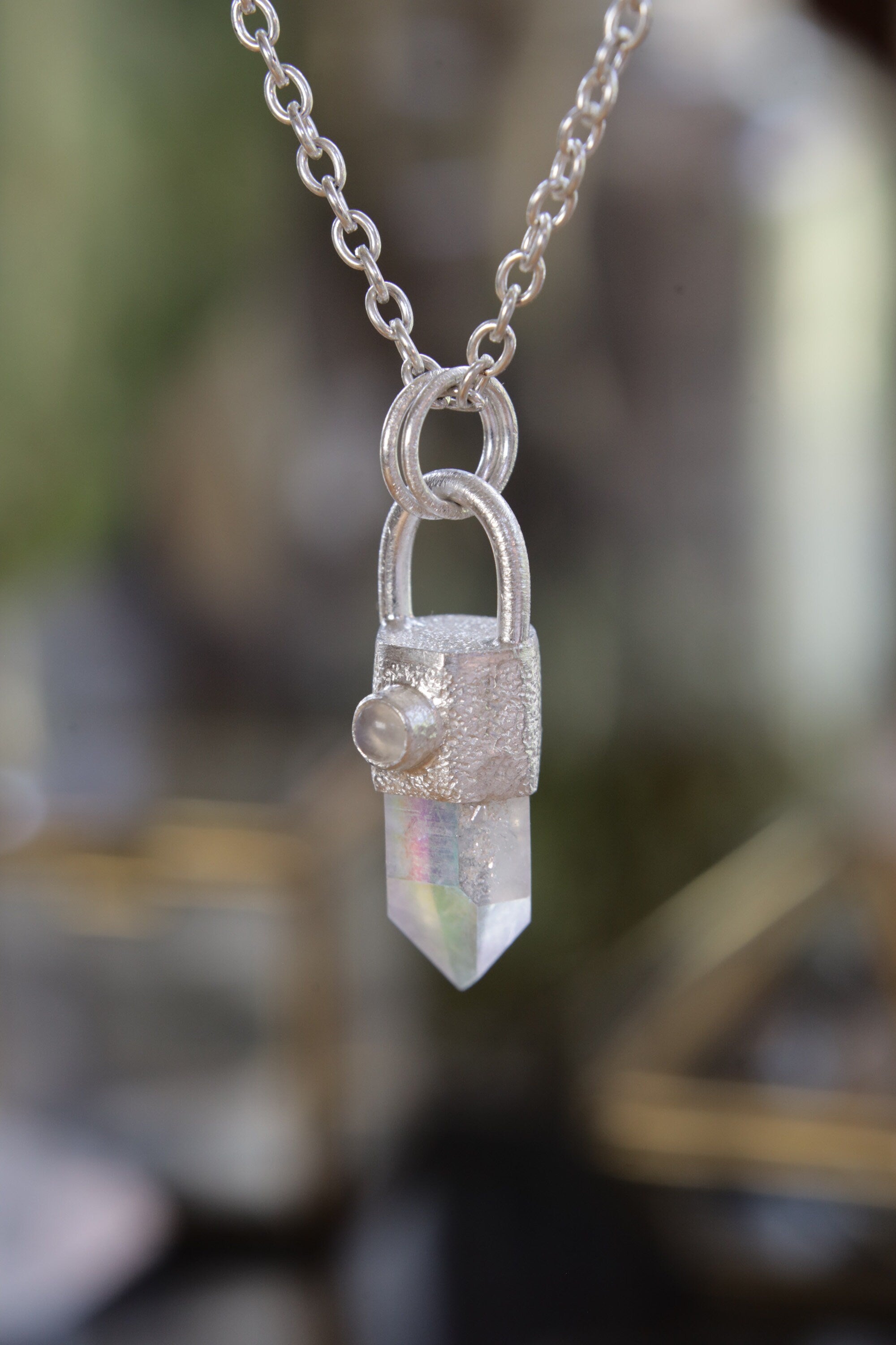 Celestial Luminary: Opal / Angel Aura & Moonstone - High Shine Sterling Silver Crystal Pendant
