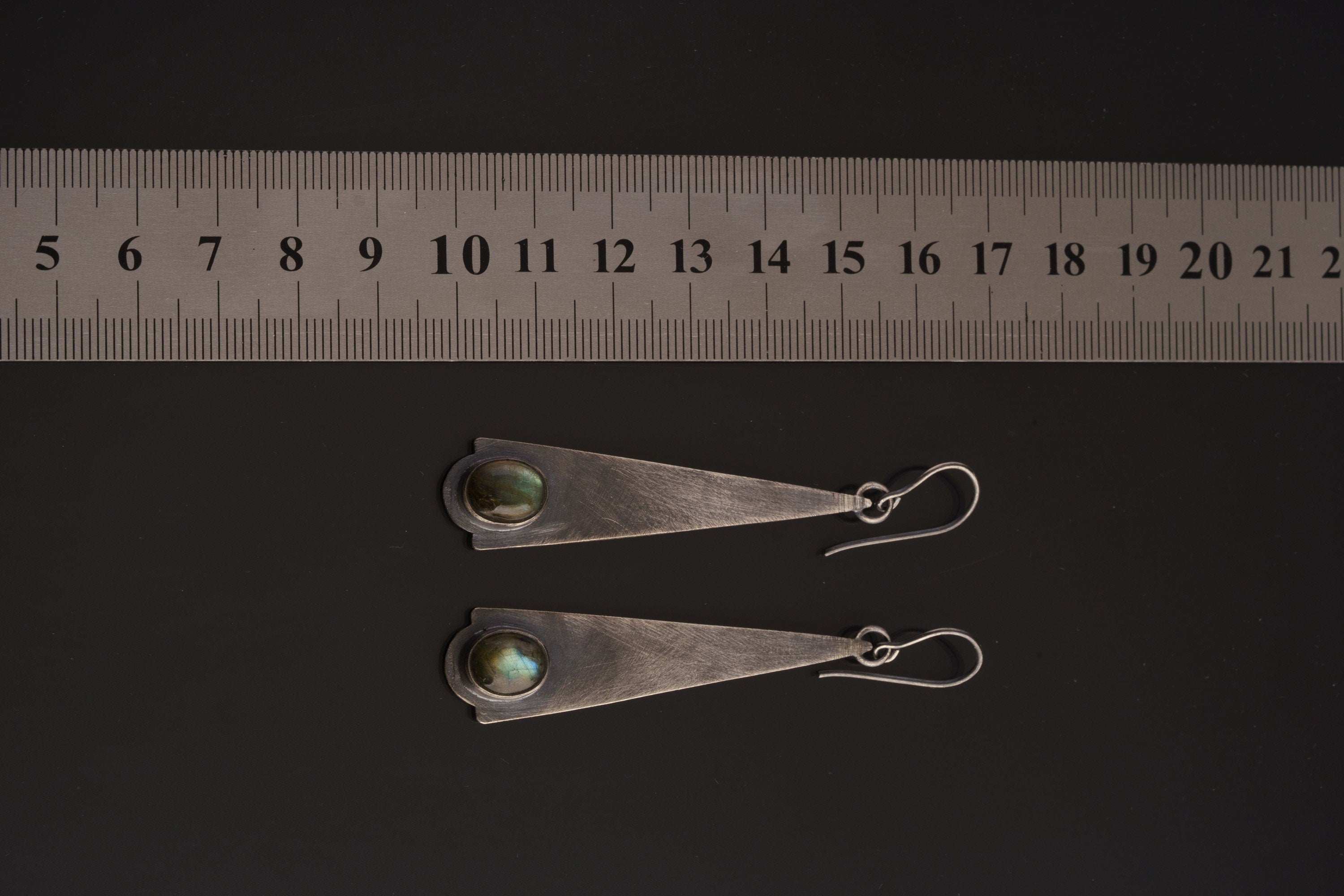 Luminous Labradorite Linear Earrings - Oxidised & Brush Textured - 925 Sterling Silver Earring