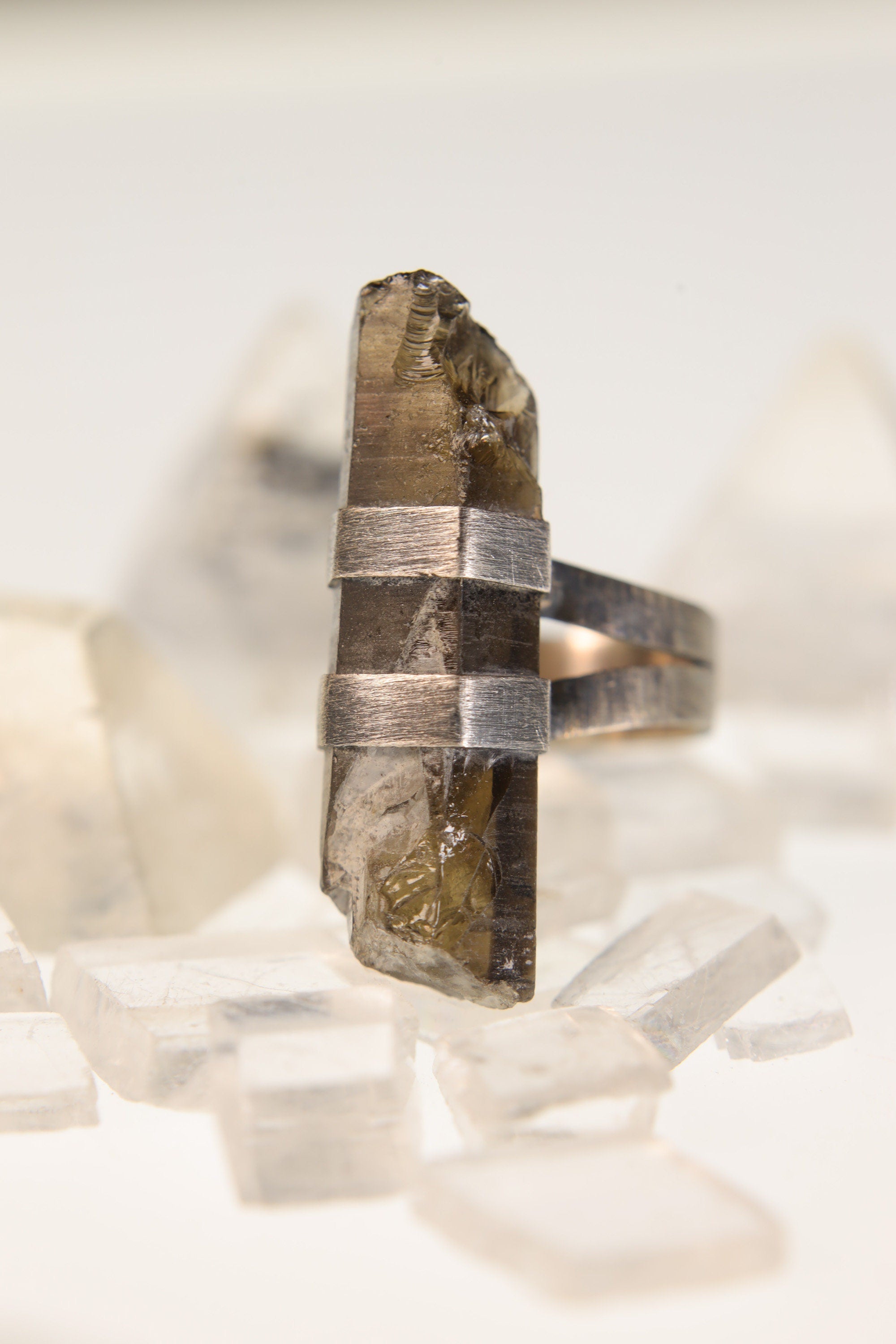 Torrington Radiance: Textured & Oxidised Sterling Silver Ring with Natural Australian Smoky Citrine Quartz - Size 6 - NO/01