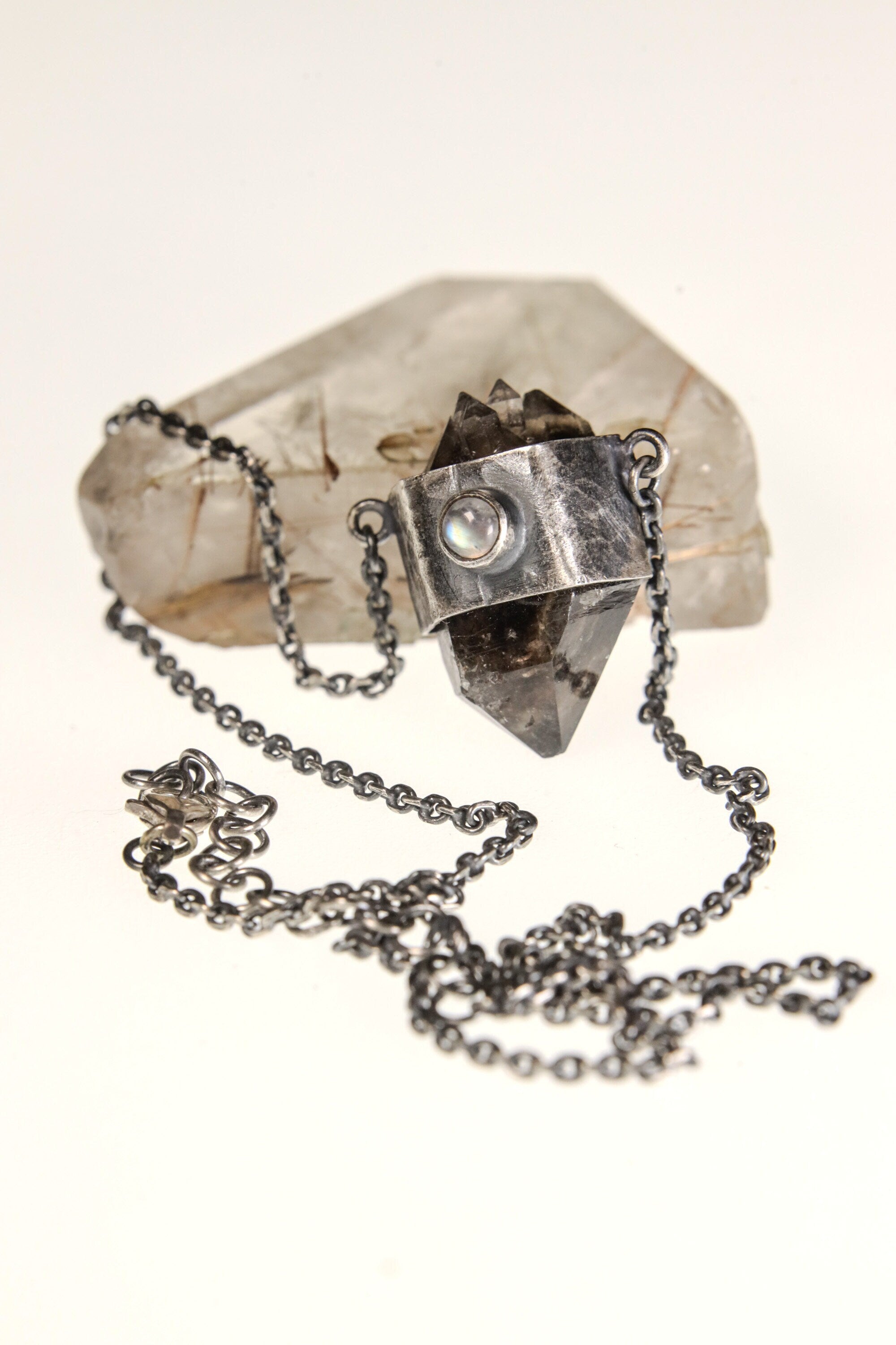 Mystic Triad Pendant: Multi-terminated Smokey Morella Quartz, Ethiopian Opal, and Blue Moonstone - Sterling Silver Crystal Pendant