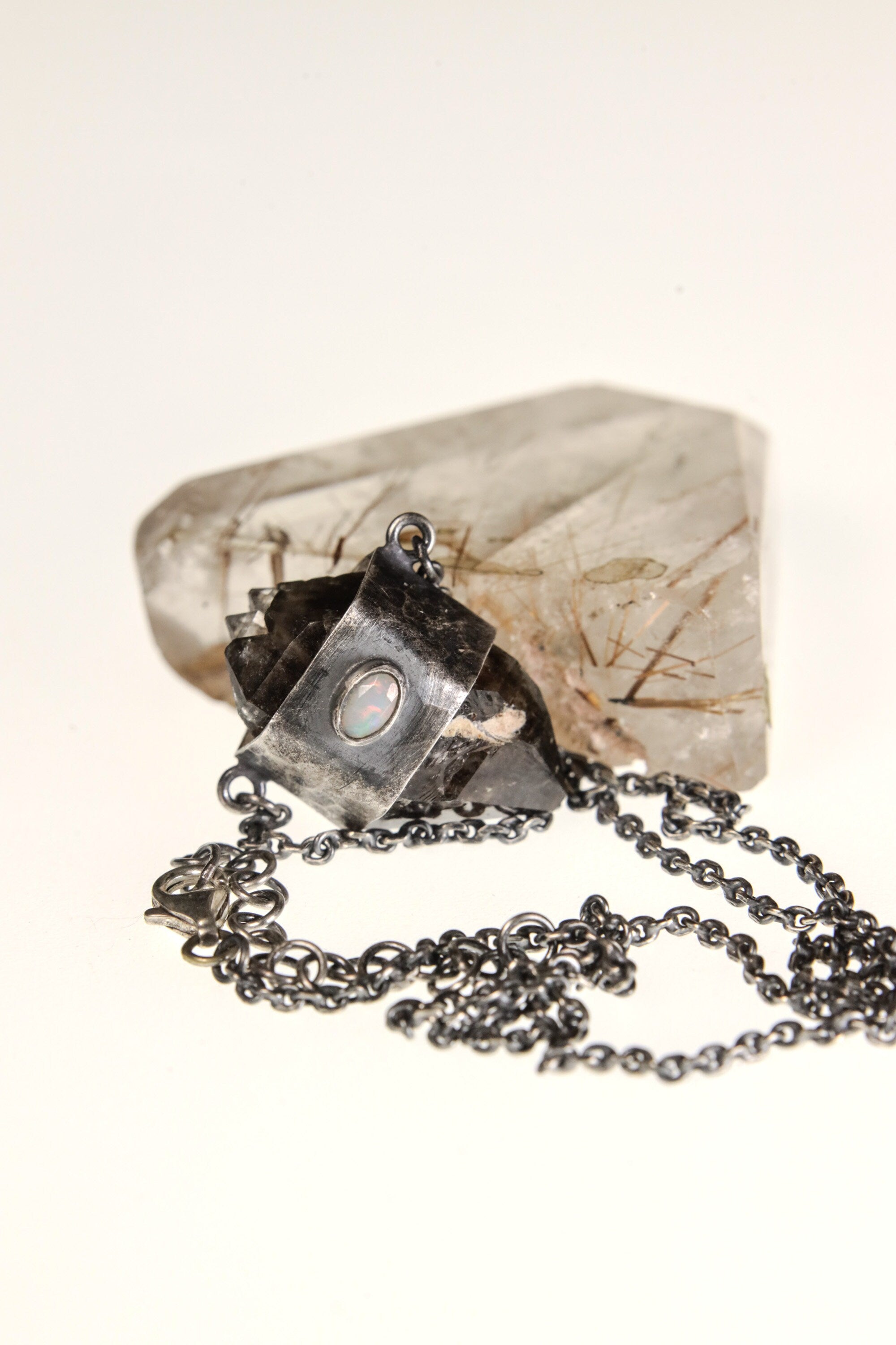 Mystic Triad Pendant: Multi-terminated Smokey Morella Quartz, Ethiopian Opal, and Blue Moonstone - Sterling Silver Crystal Pendant