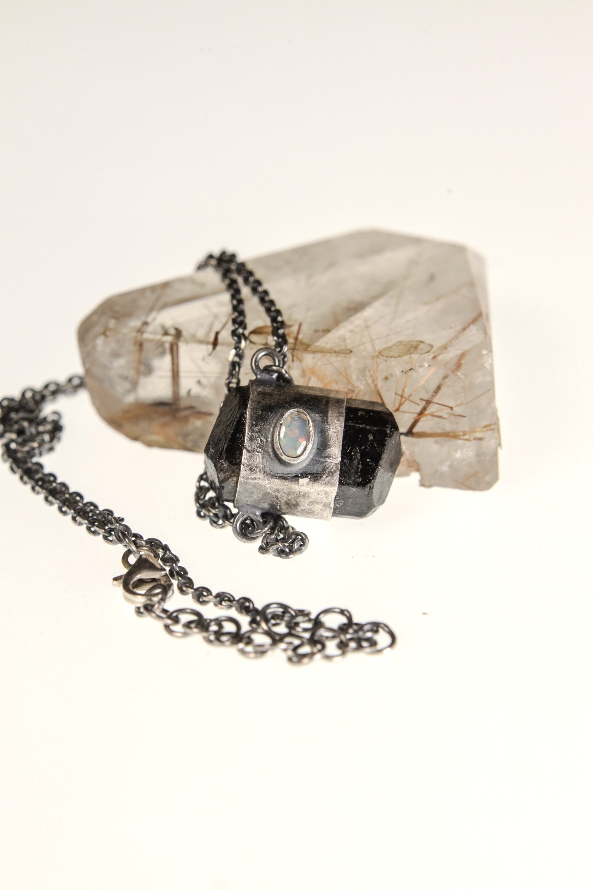 Celestial Equilibrium: Double Terminated Brown Tourmaline, Ethiopian Opal, and Blue Moonstone - Sterling Silver Crystal Pendant - NO/02