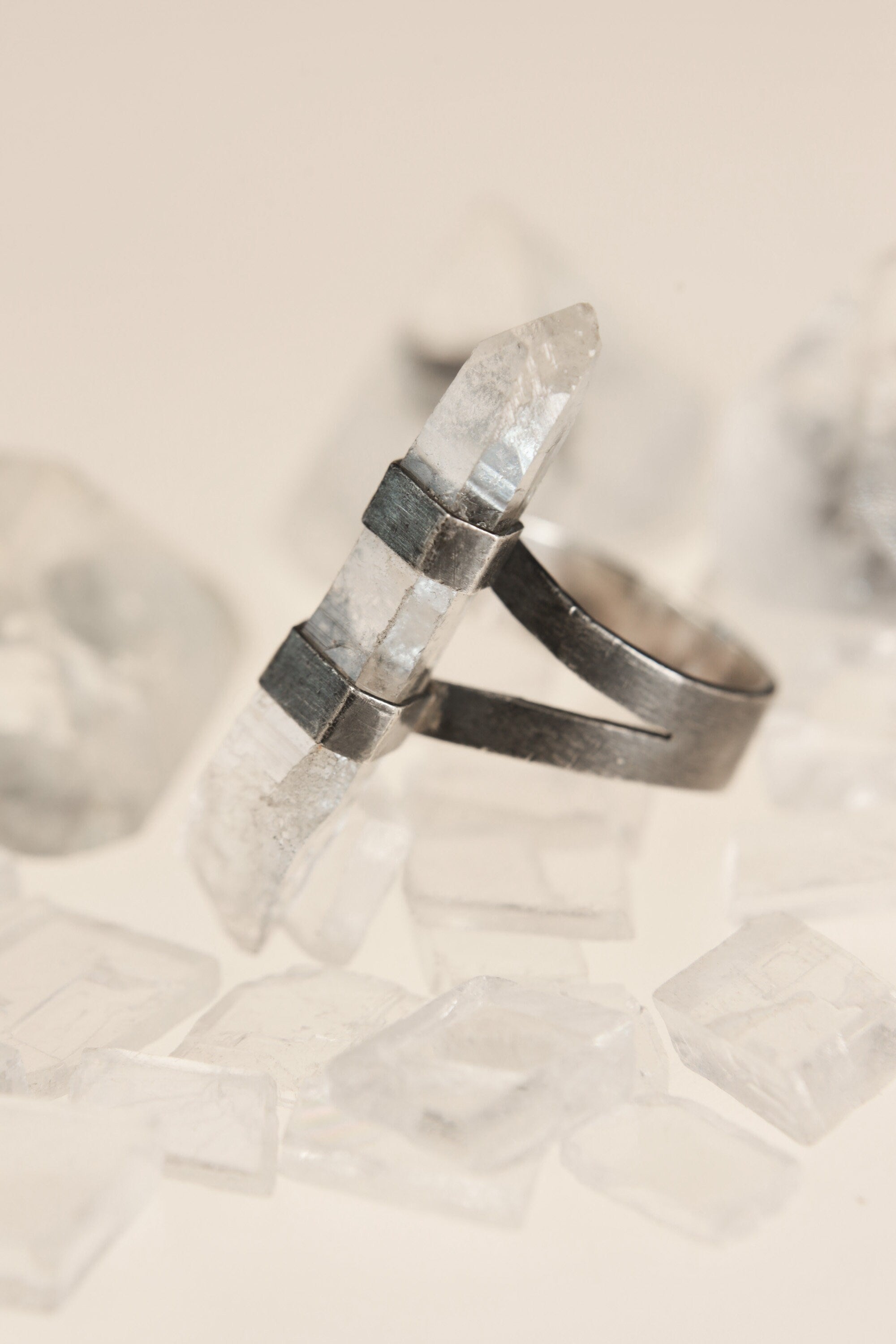 Austral Radiance: Textured & Oxidised Sterling Silver Ring with Australian Clear Quartz - Size 9 US