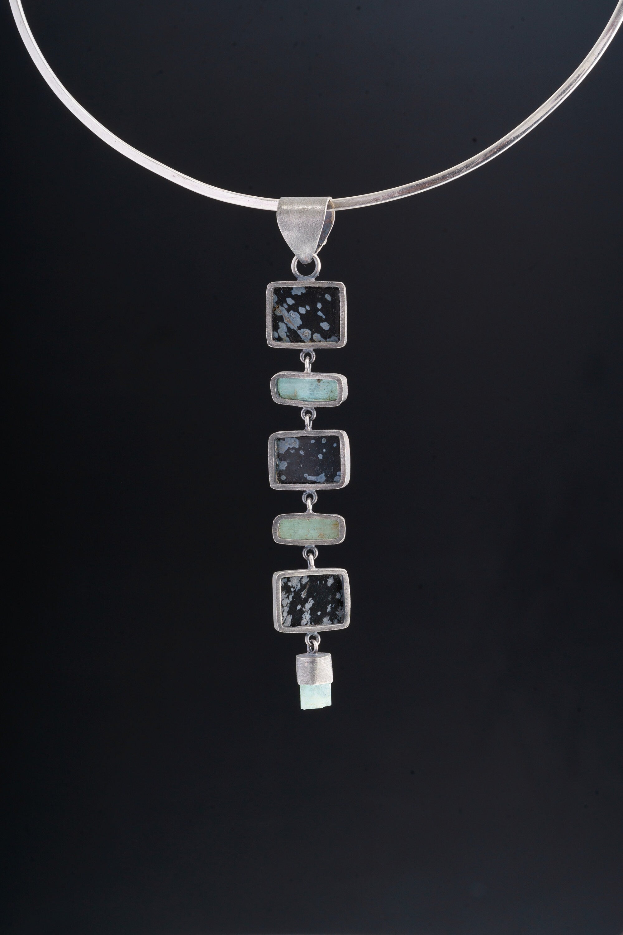 Celestial Harmony: Raw Australian Gem Grade Emerald, Dalmatian Jasper and Aquamarine - Sterling Silver Pendant