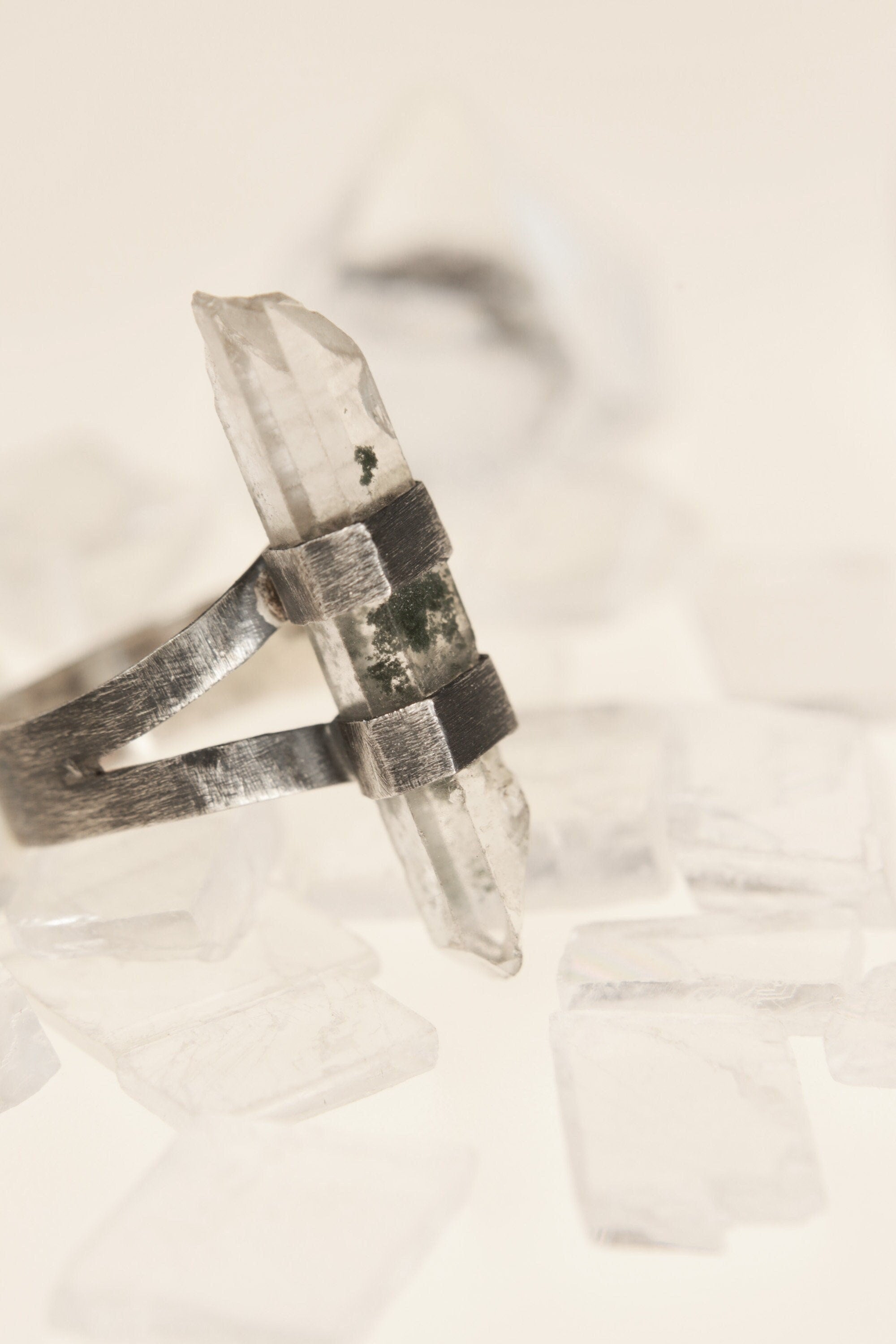 Himalayan Harmony: Textured & Oxidised Sterling Silver Ring with Himalayan Chlorite Inclusion Quartz - Size 6 3/4 US