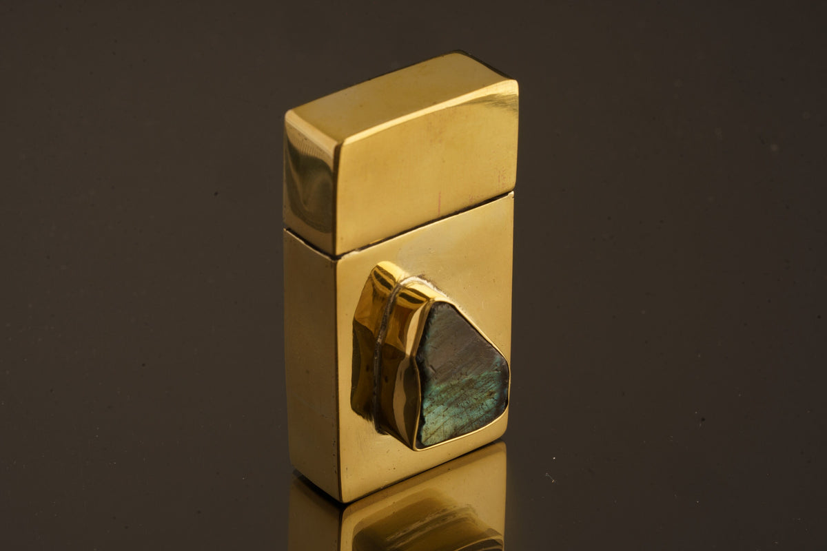 A Symbiosis of Earthly Craft and Ethereal Charm: Antique Matchbox adorned with Raw Labradorite - Polished Cast Brass Matchbox