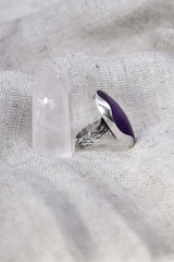 A Sturdy Veil of Elegance and Mystique: Adjustable Sterling Silver Ring with Amethyst Oval - Unisex - Size 5-12 US - NO/01