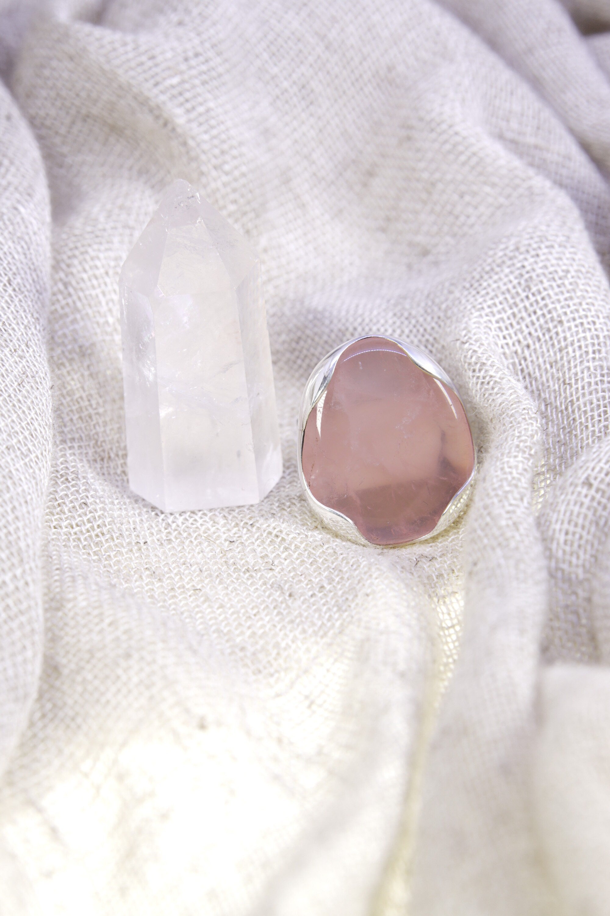 The Sturdy Haven of Gentle Affection: Adjustable Sterling Silver Ring with Oval Rose Quartz - Unisex - Size 5-12 US