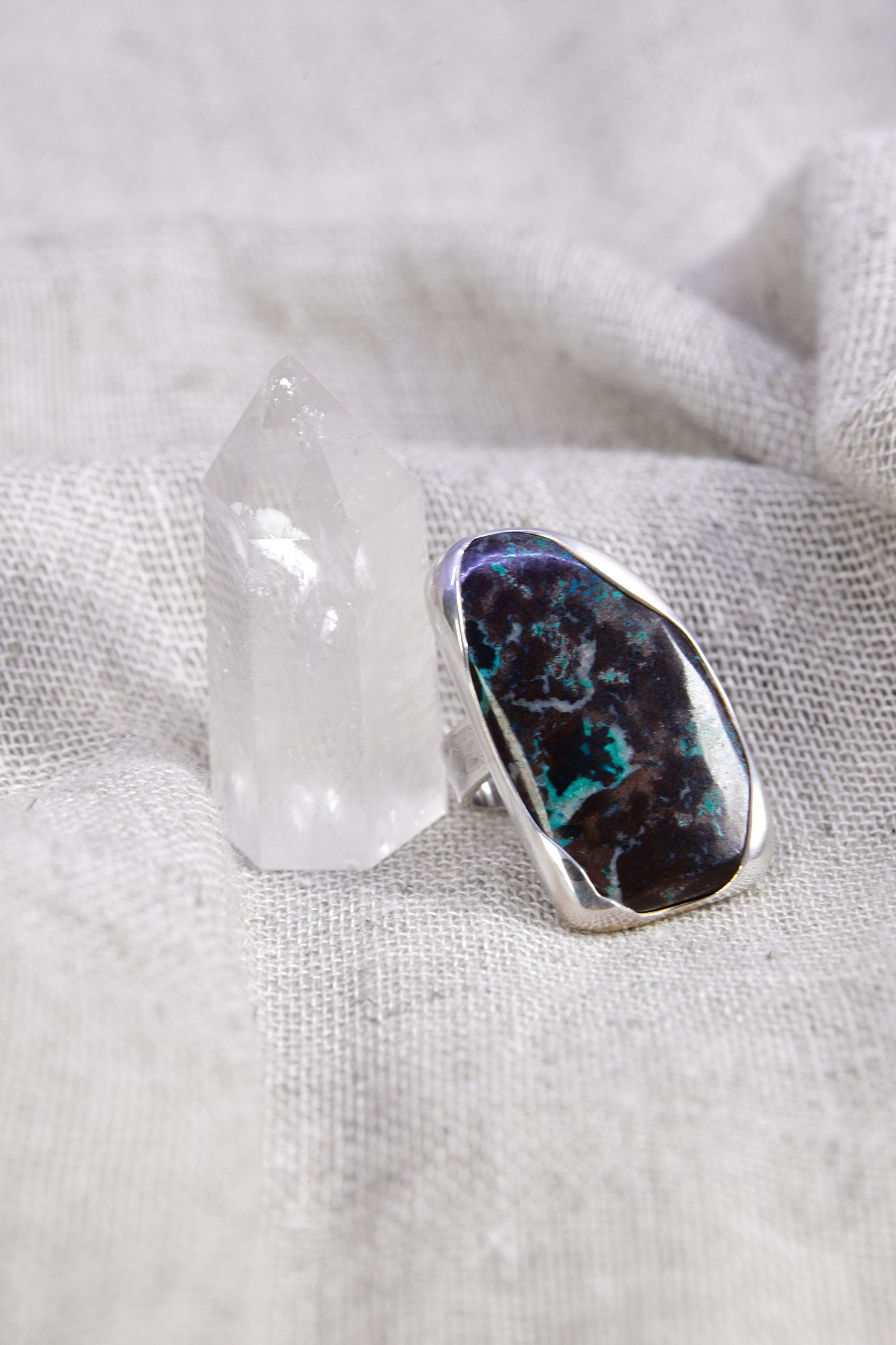 A Bold Embrace of Earthly Beauty: Adjustable Sterling Silver Ring with Rectangular Chrysocolla- Unisex - Size 5-12 US