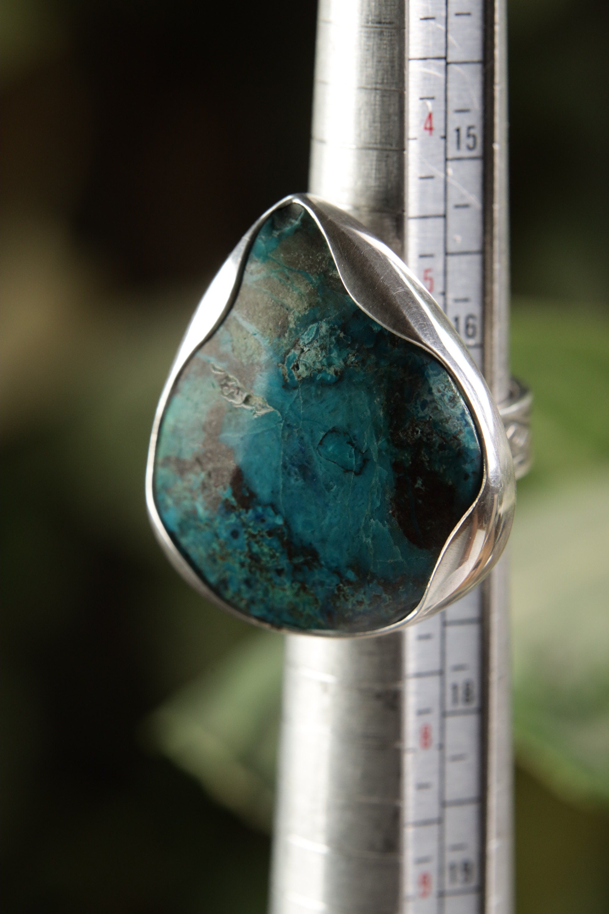 A Resolute Embrace of Serenity and Elegance: Adjustable Sterling Silver Ring with Teardrop Chrysocolla- Unisex - Size 5-12 US