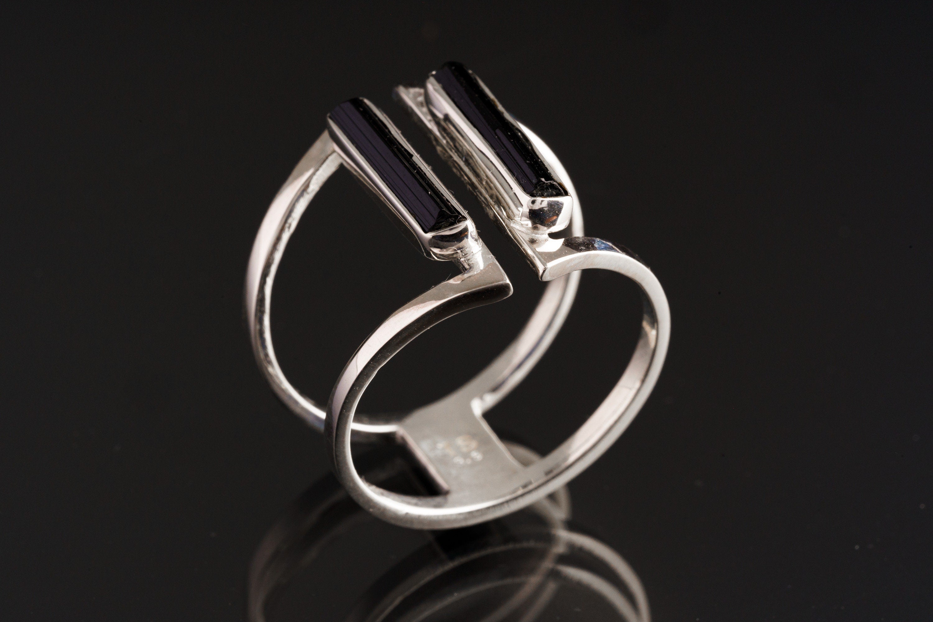 Twin Shadows: Black Tourmaline - Polished finish - Adjustable Sterling Silver Ring - Size 6-10 US