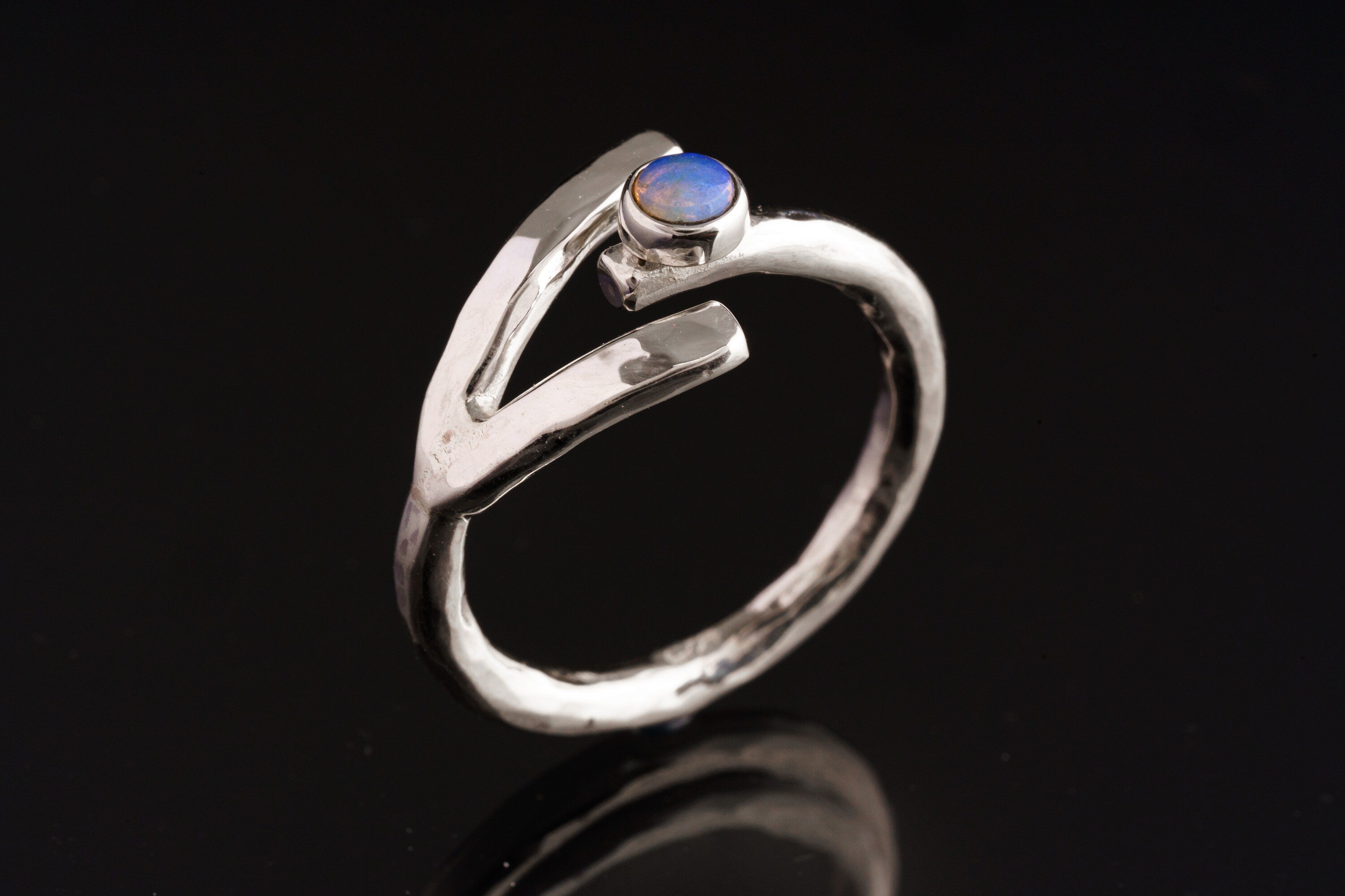 Dowsing Radiance: Rainbow Opal - Polished finish - Adjustable Sterling Silver Ring - Size 7-10 US