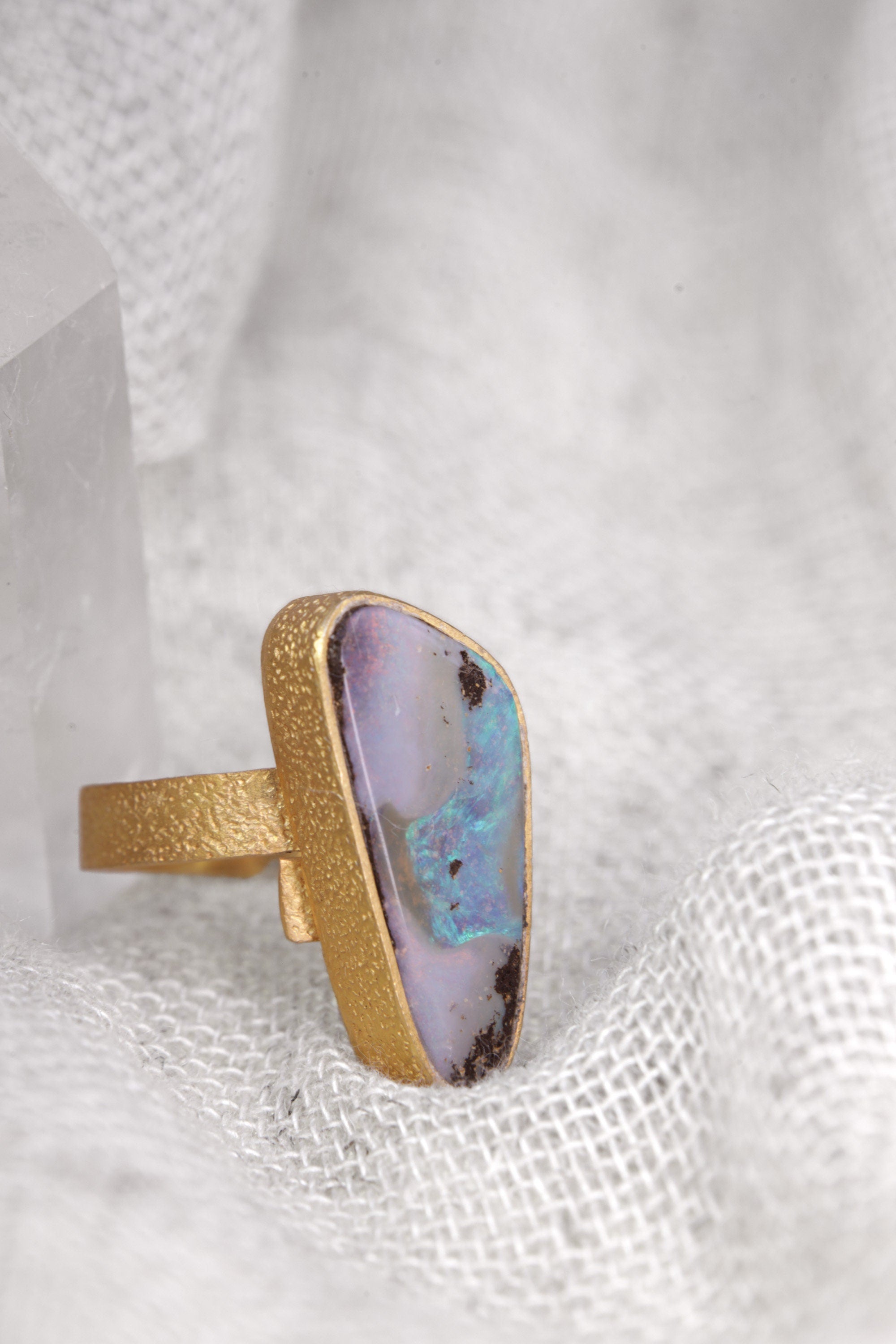 Luminous Opal Essence: Adjustable Sterling Silver Ring with Opal - Textured - Gold Plated - Unisex - Size 5-12 US