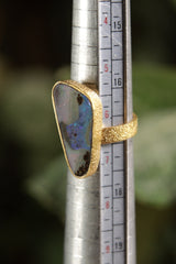 Luminous Opal Essence: Adjustable Sterling Silver Ring with Opal - Textured - Gold Plated - Unisex - Size 5-12 US