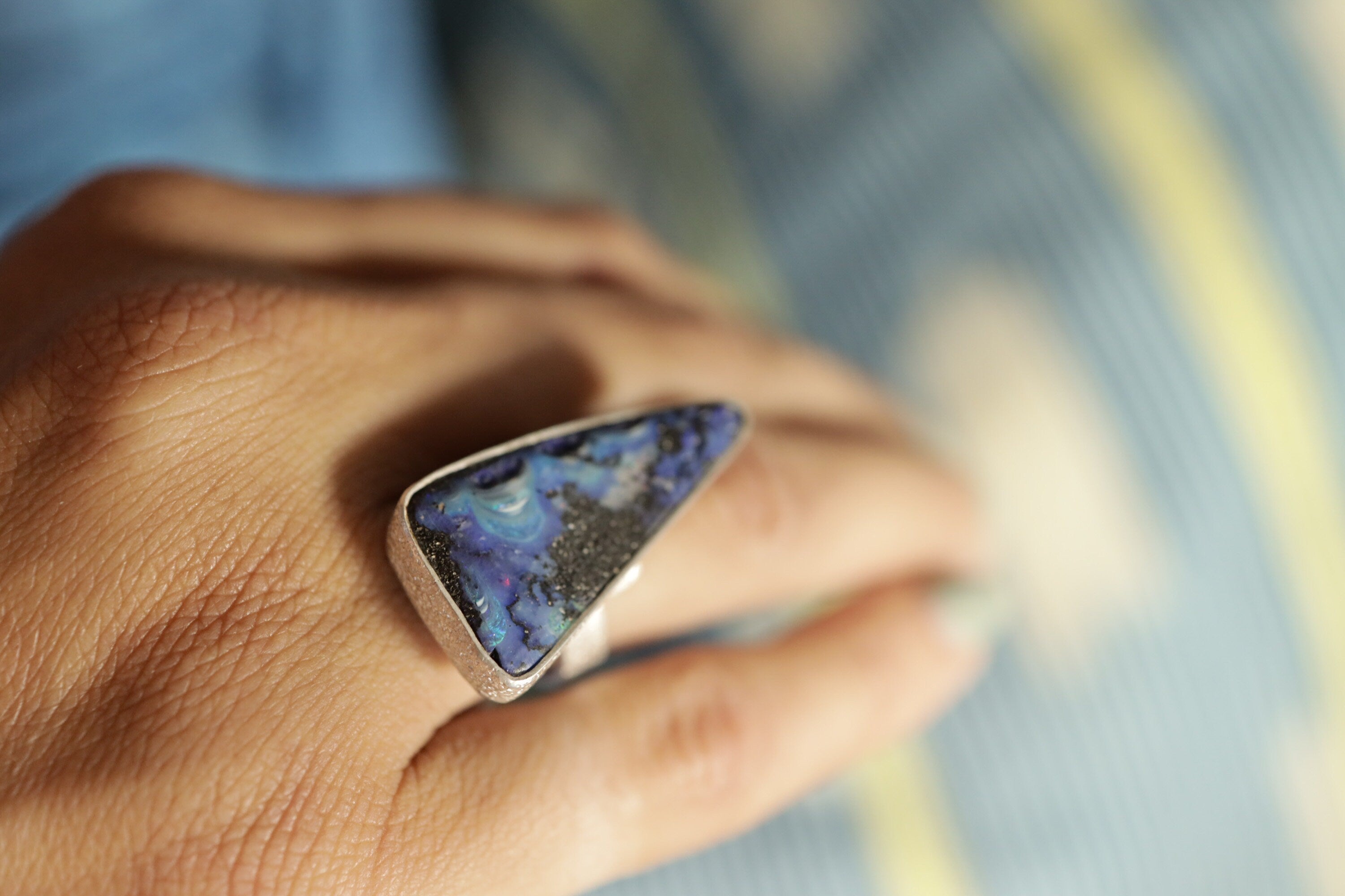 Triadic Opal Luminance : Adjustable Sterling Silver Ring with Triangular Opal - Textured - Unisex - Size 5-12 US