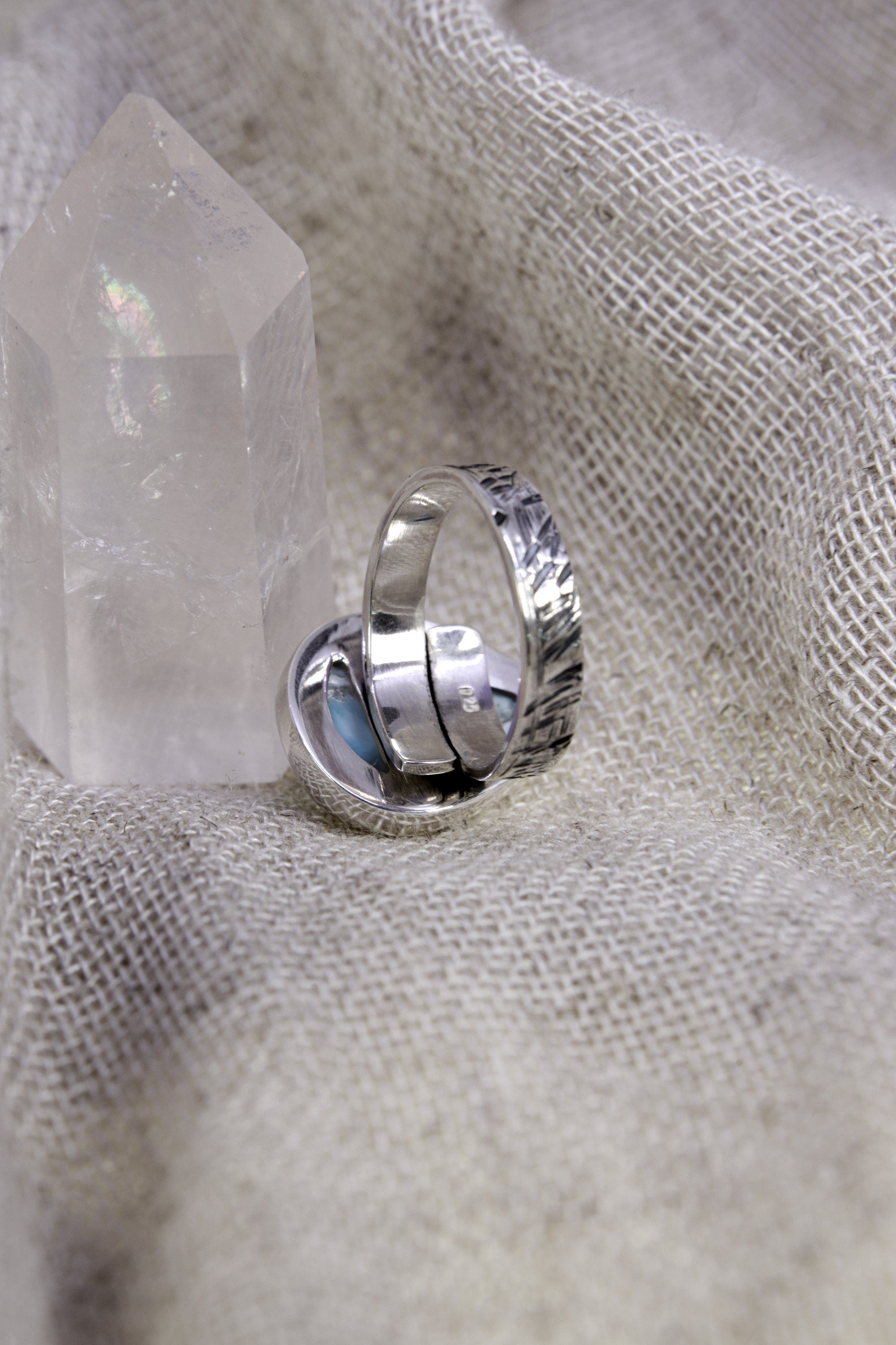 Ocean's Embrace: Adjustable Sterling Silver Ring with Teardrop Larimar - Unisex - Size 5-12 US