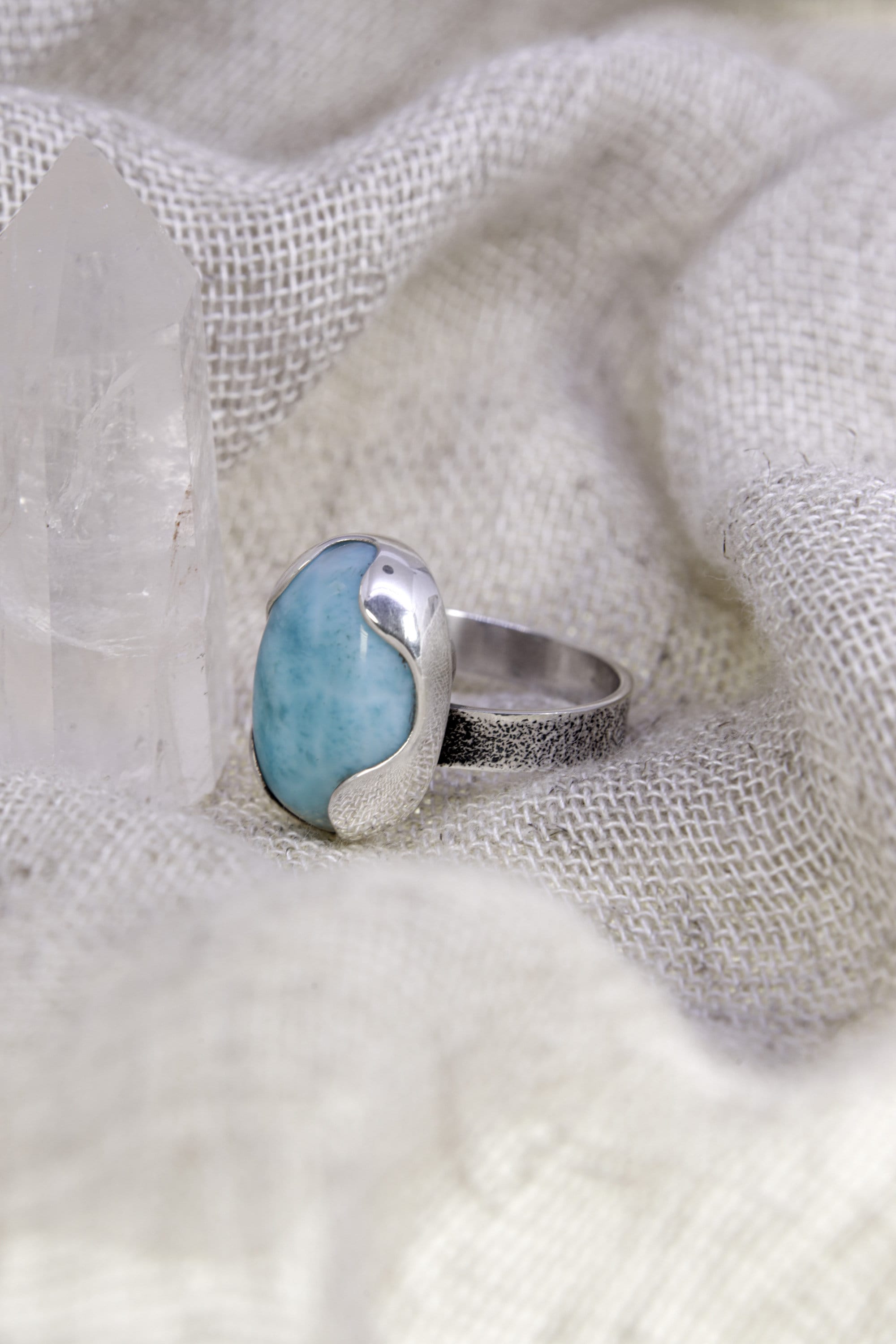 A Tribute to Oceanic Splendor: Adjustable Sterling Silver Ring with Oval Larimar - Unisex - Size 5-12 US - NO/06