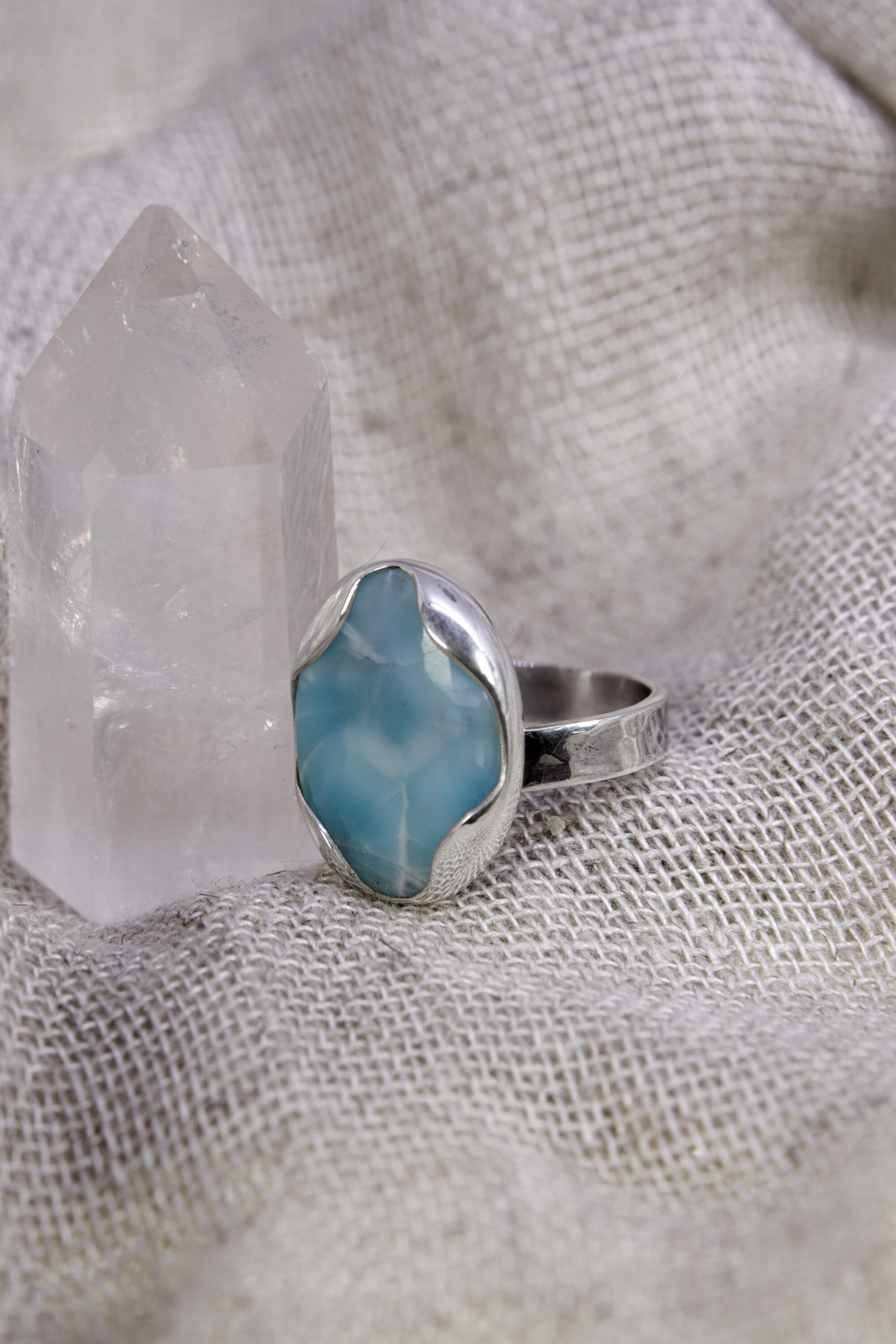 A Tribute to Oceanic Splendor: Adjustable Sterling Silver Ring with Oval Larimar - Unisex - Size 5-12 US - NO/03