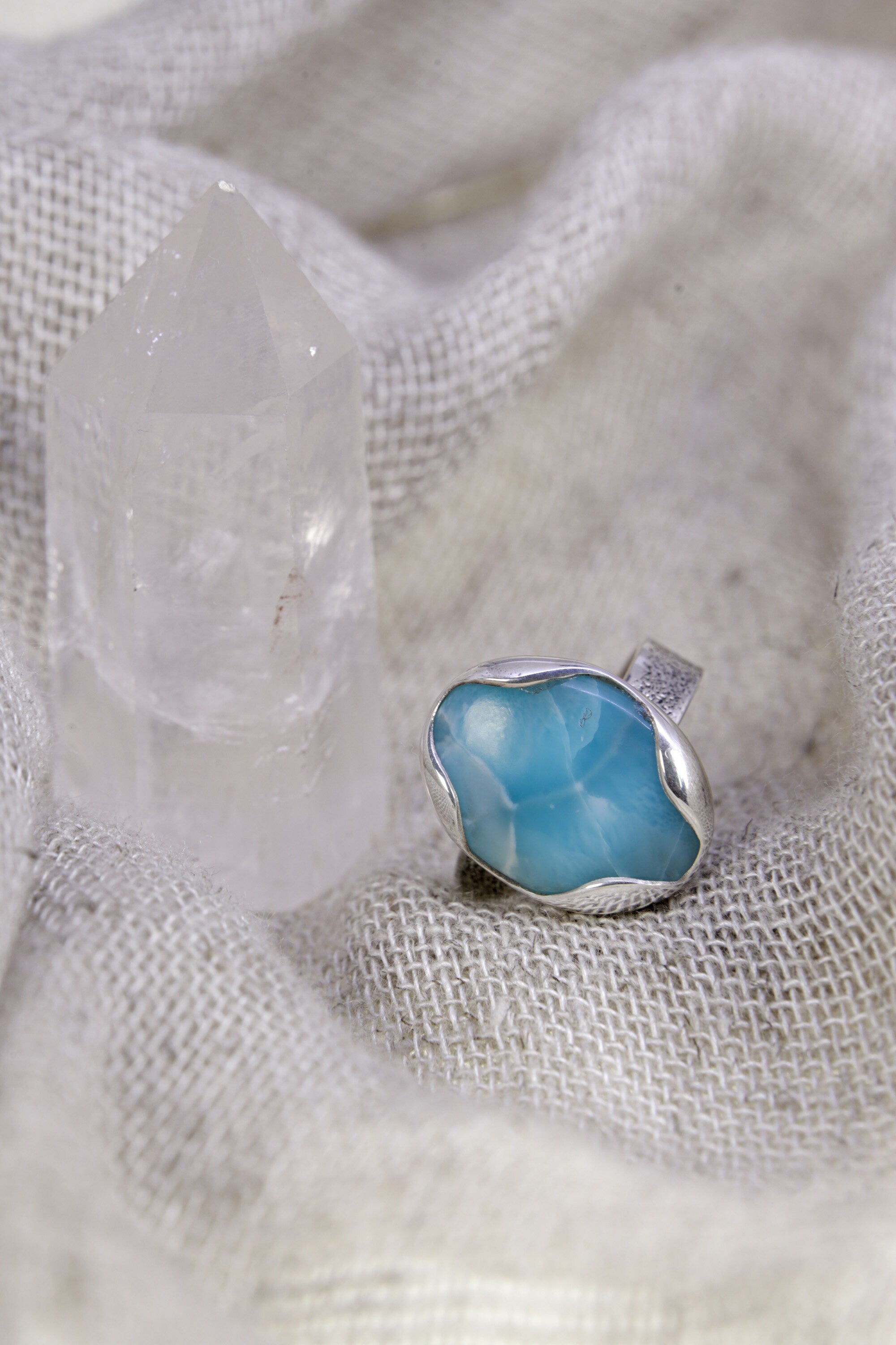 A Tribute to Oceanic Splendor: Adjustable Sterling Silver Ring with Oval Larimar - Unisex - Size 5-12 US - NO/07