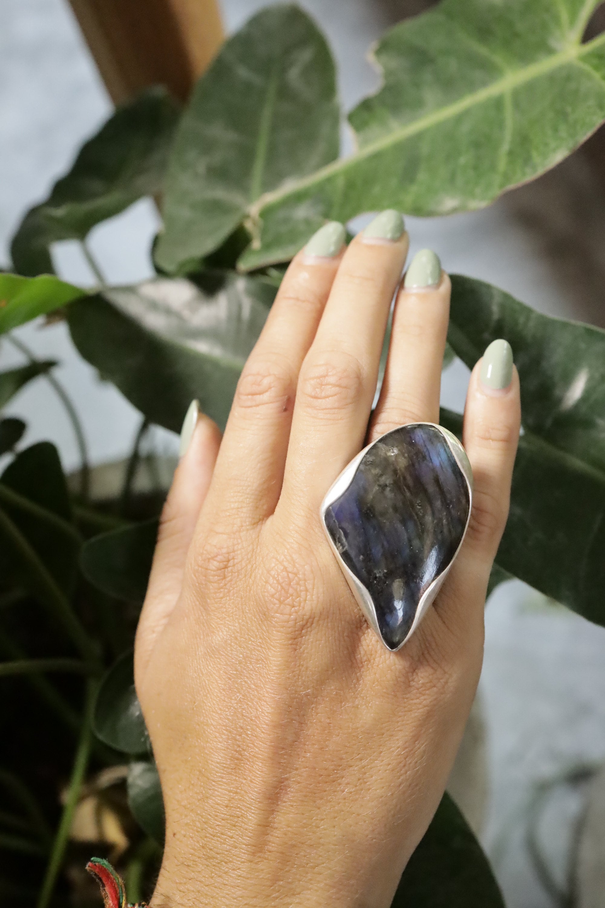 A Sturdy Embrace of Ancient Mystique: Adjustable Sterling Silver Ring with Tooth-Shaped Labradorite - Unisex - Size 5-12 US - NO/02