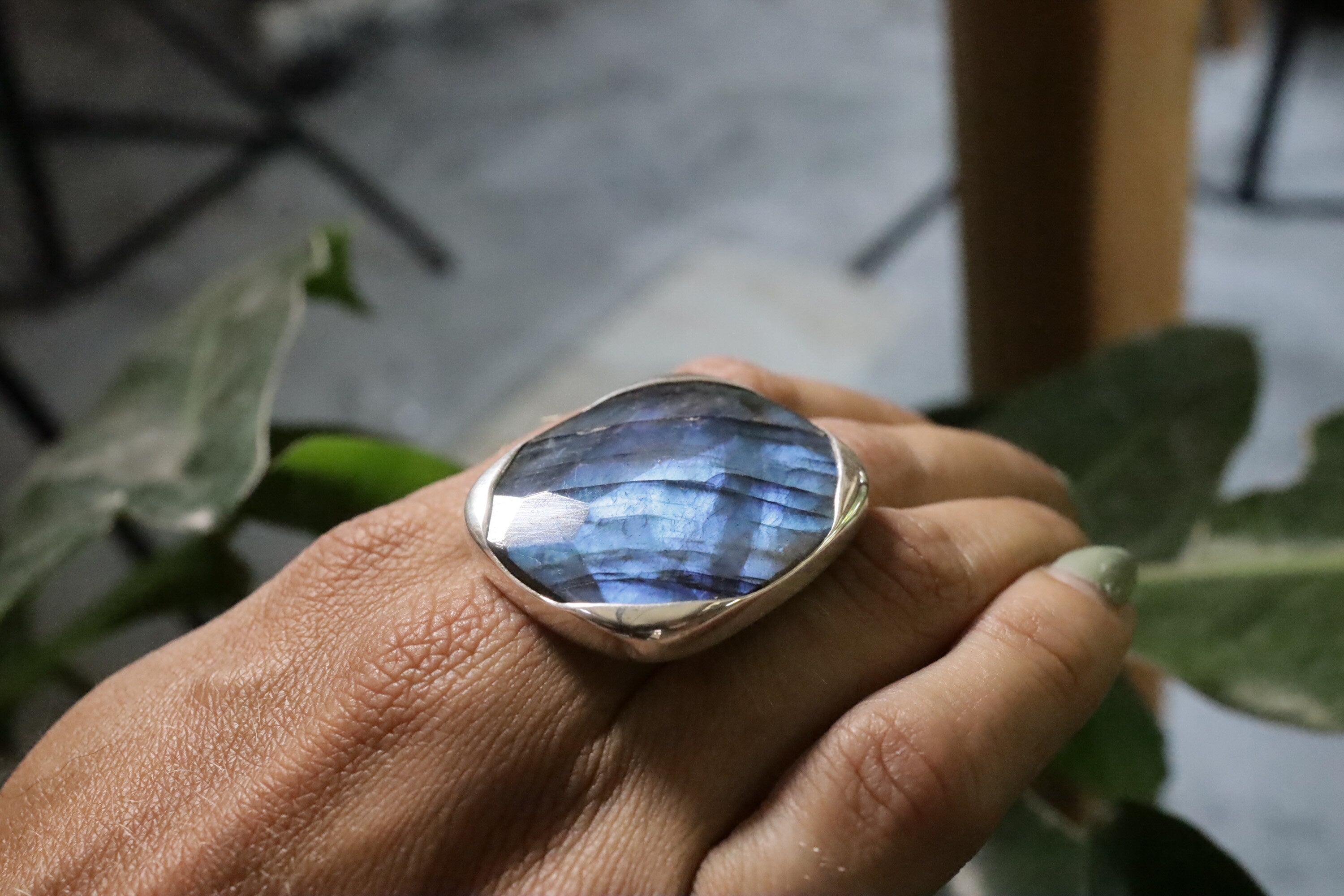 A Sturdy Embrace of Mystical Gleam: Adjustable Sterling Silver Ring with Square Labradorite - Unisex - Size 5-12 US - NO/03