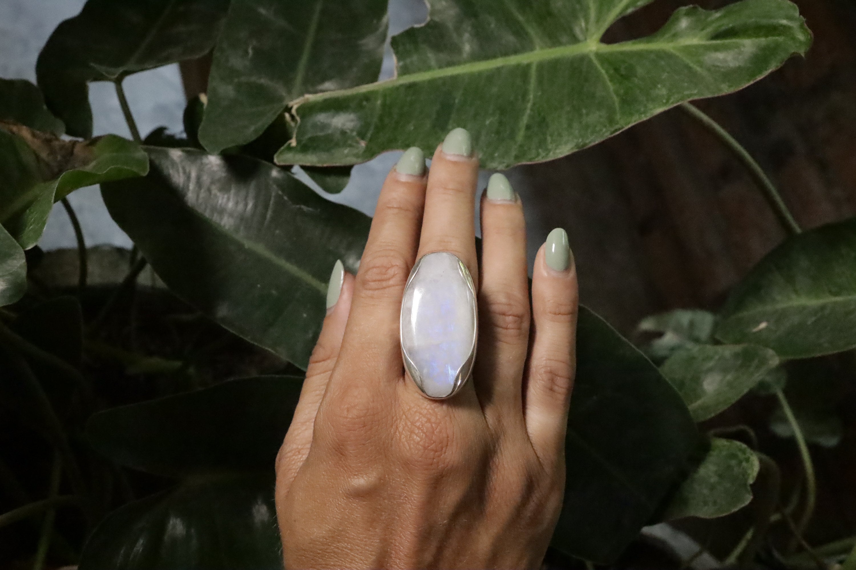 A Sturdy Embrace of Enchanted Luminescence: Adjustable Sterling Silver Ring with Oval Moonstone - Unisex - Size 5-12 US - NO/04
