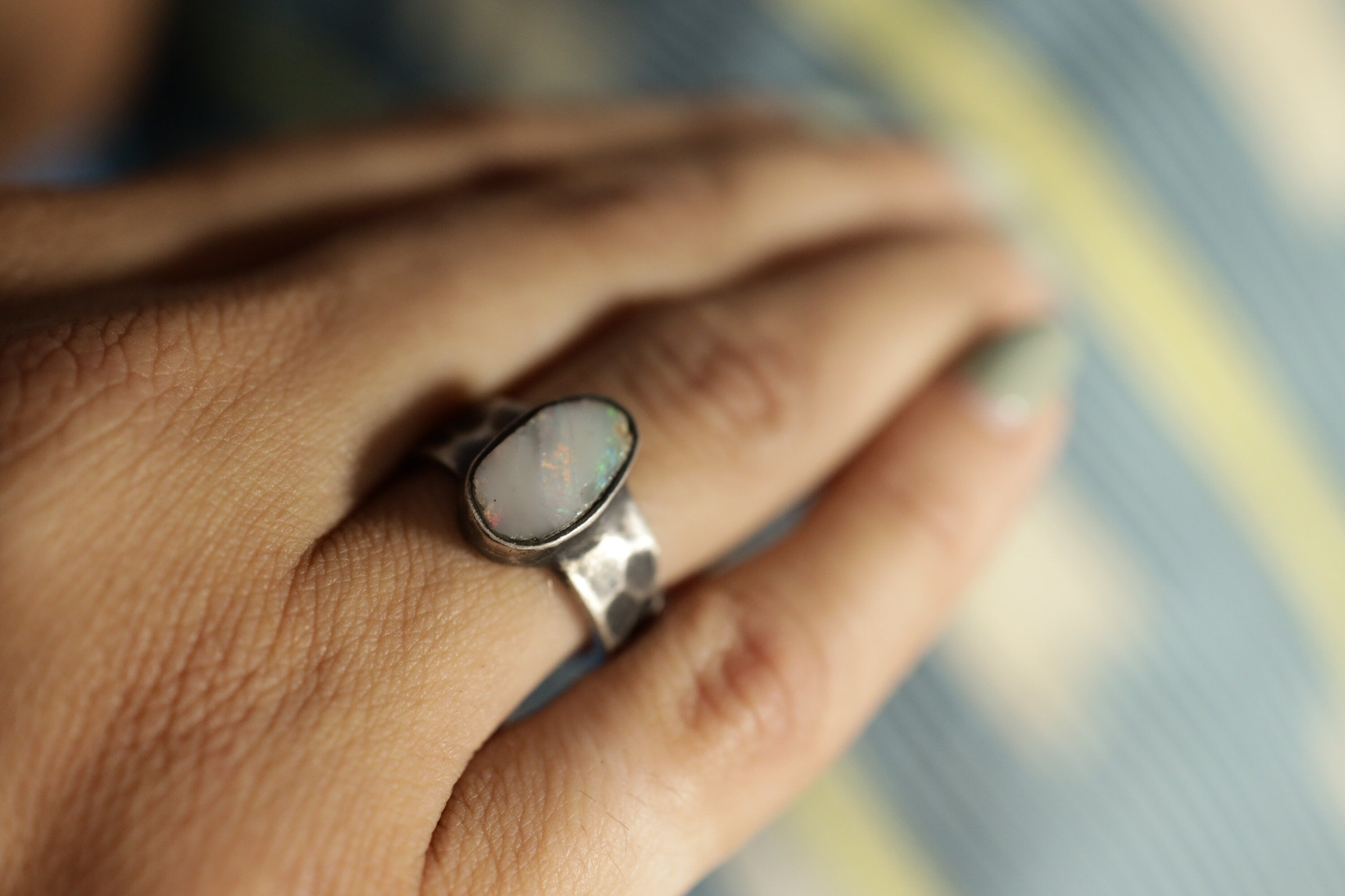 Enchanted Spectrum: Sterling Silver Ring with Australian Lightning Ridge Gem Opal - Textured & Oxidised - Size 7 - NO/01