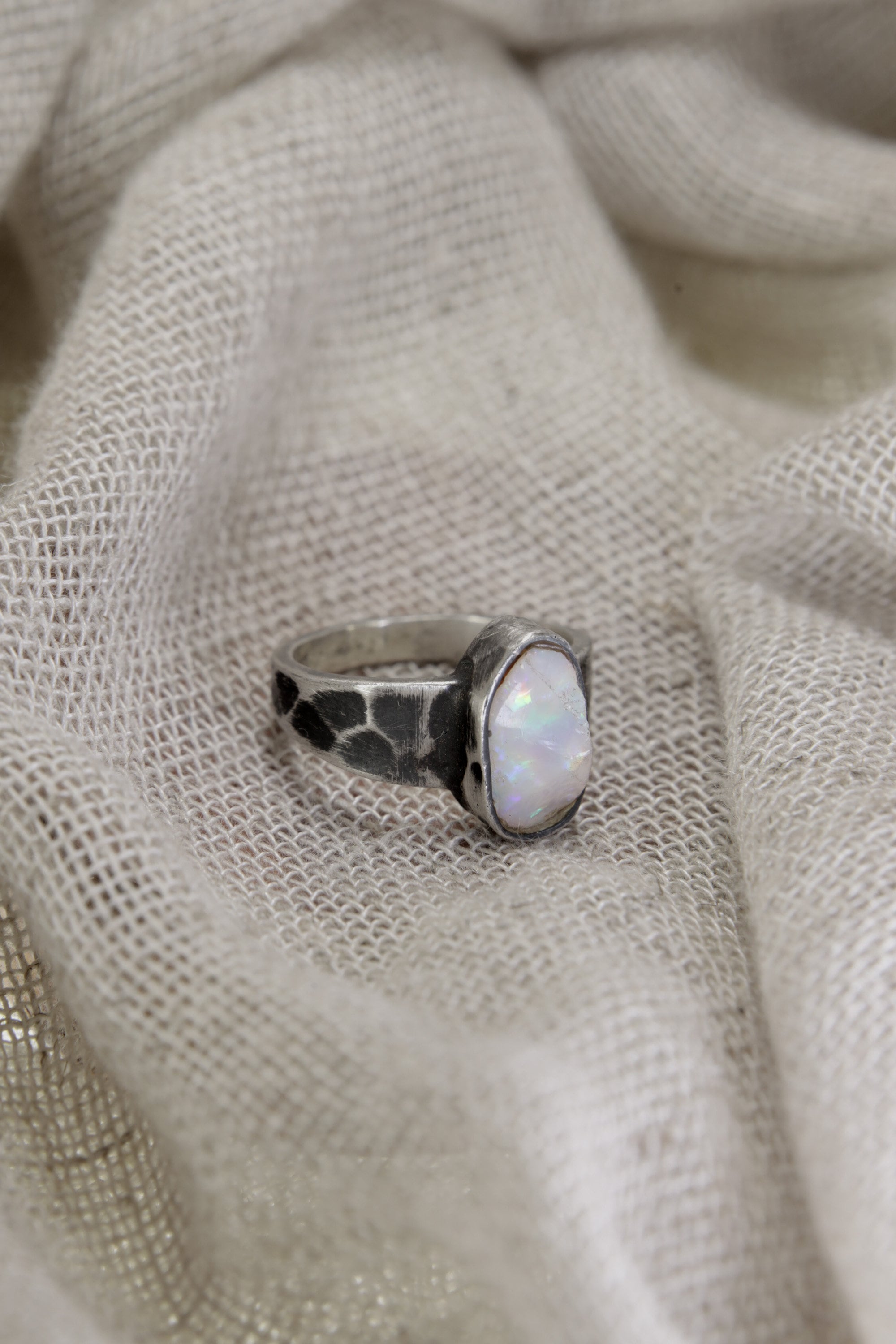 Enchanted Spectrum: Sterling Silver Ring with Australian Lightning Ridge Gem Opal - Textured & Oxidised - Size 7 - NO/02