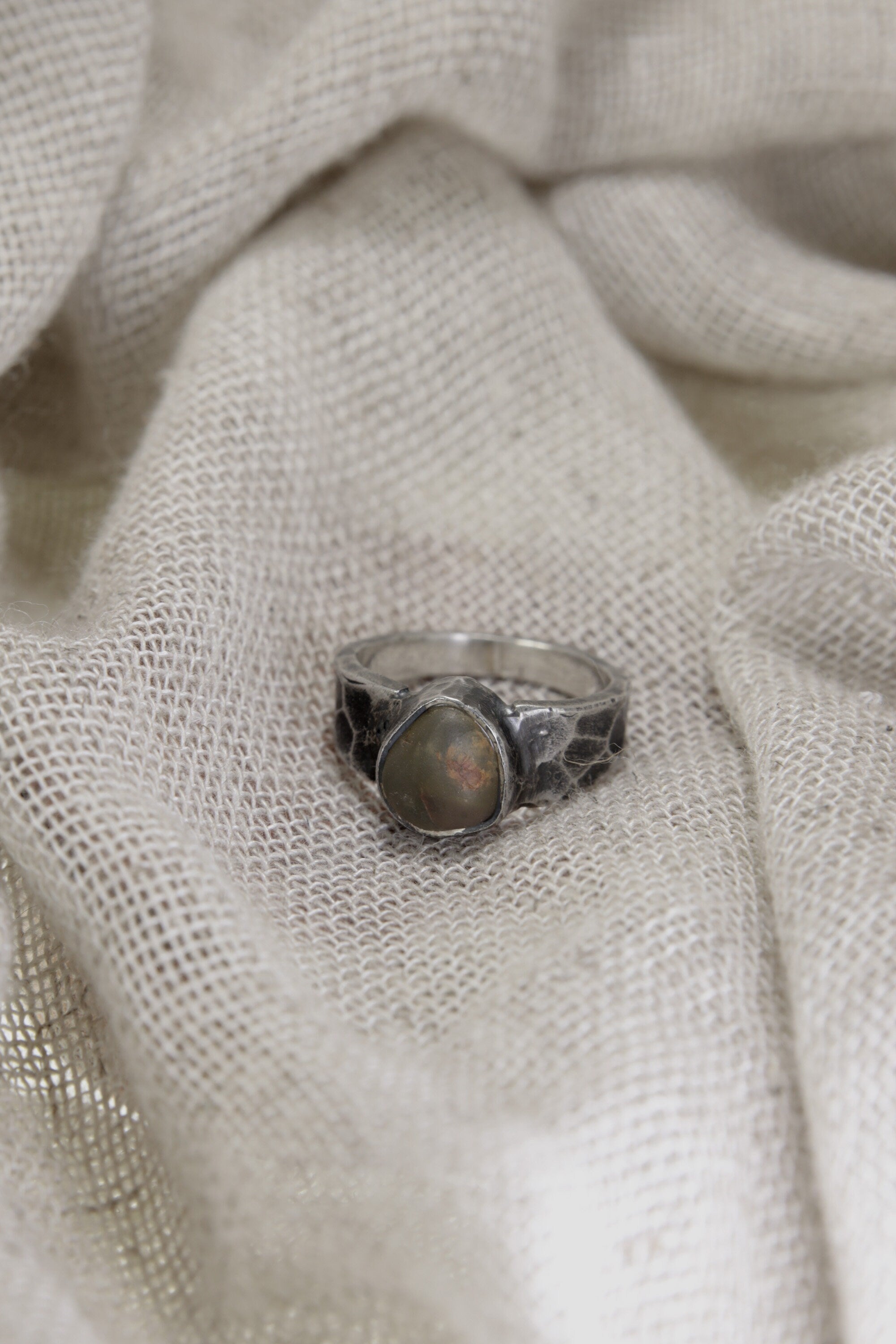Verdant Oasis: Sterling Silver Ring with River Tumbled Australian Peridot - Textured & Oxidised - Size 7
