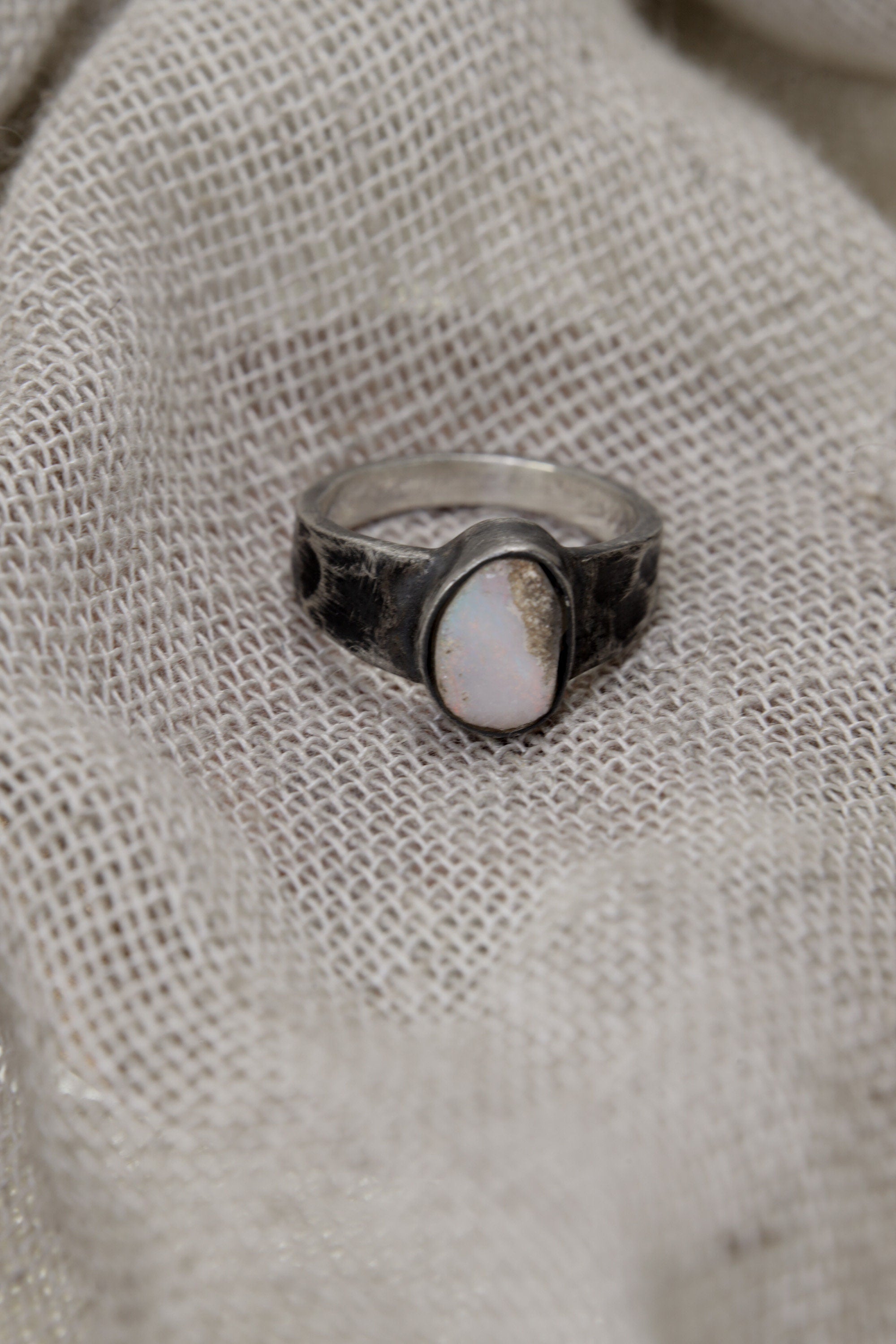 Iridescent Dream: Sterling Silver Ring with Lightning Ridge Gem Opal - Textured & Oxidised - Size 6 - NO/02