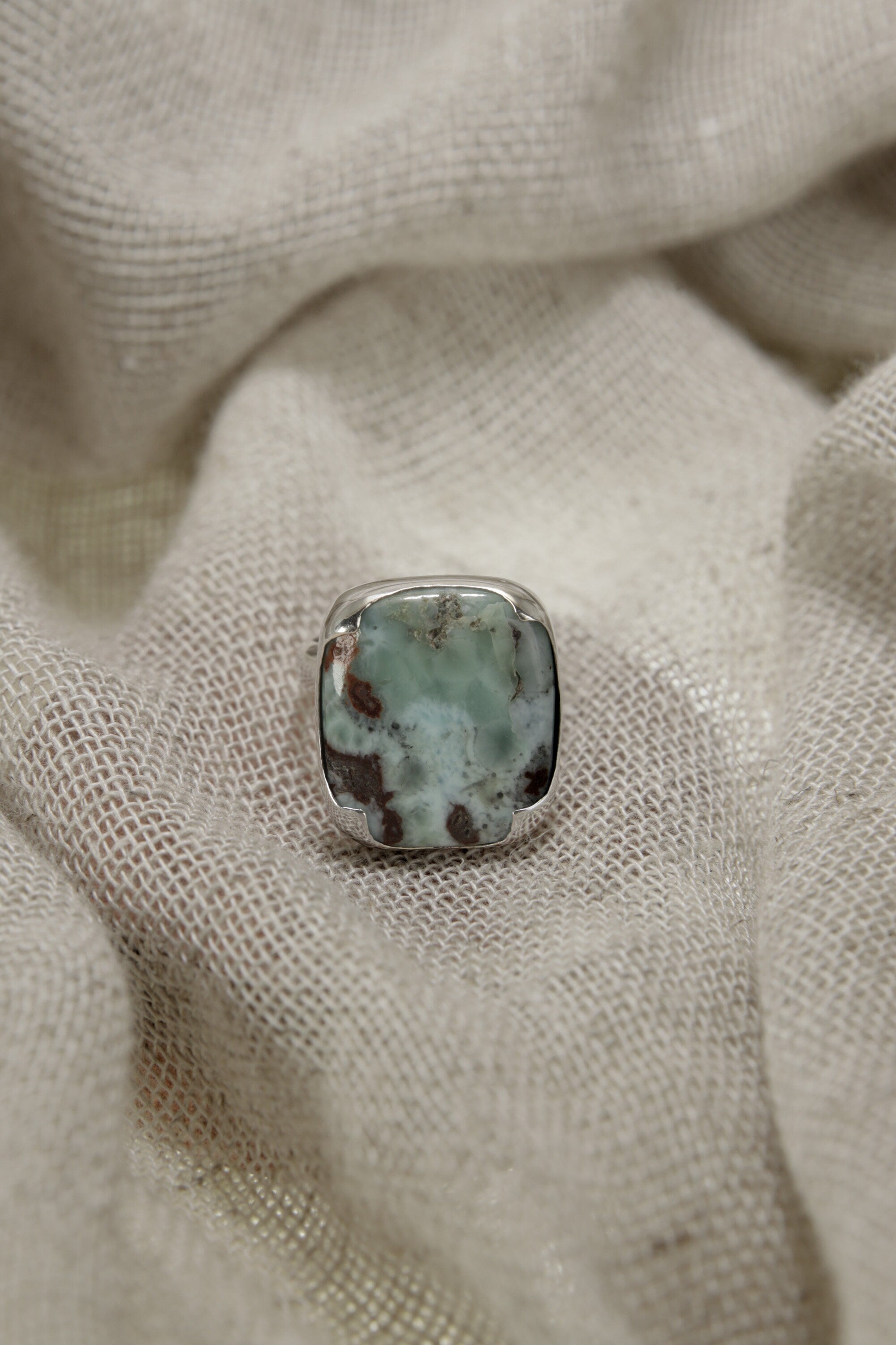 Ocean's Embrace: Adjustable Sterling Silver Ring with Larimar - Unisex - Size 5-12 US