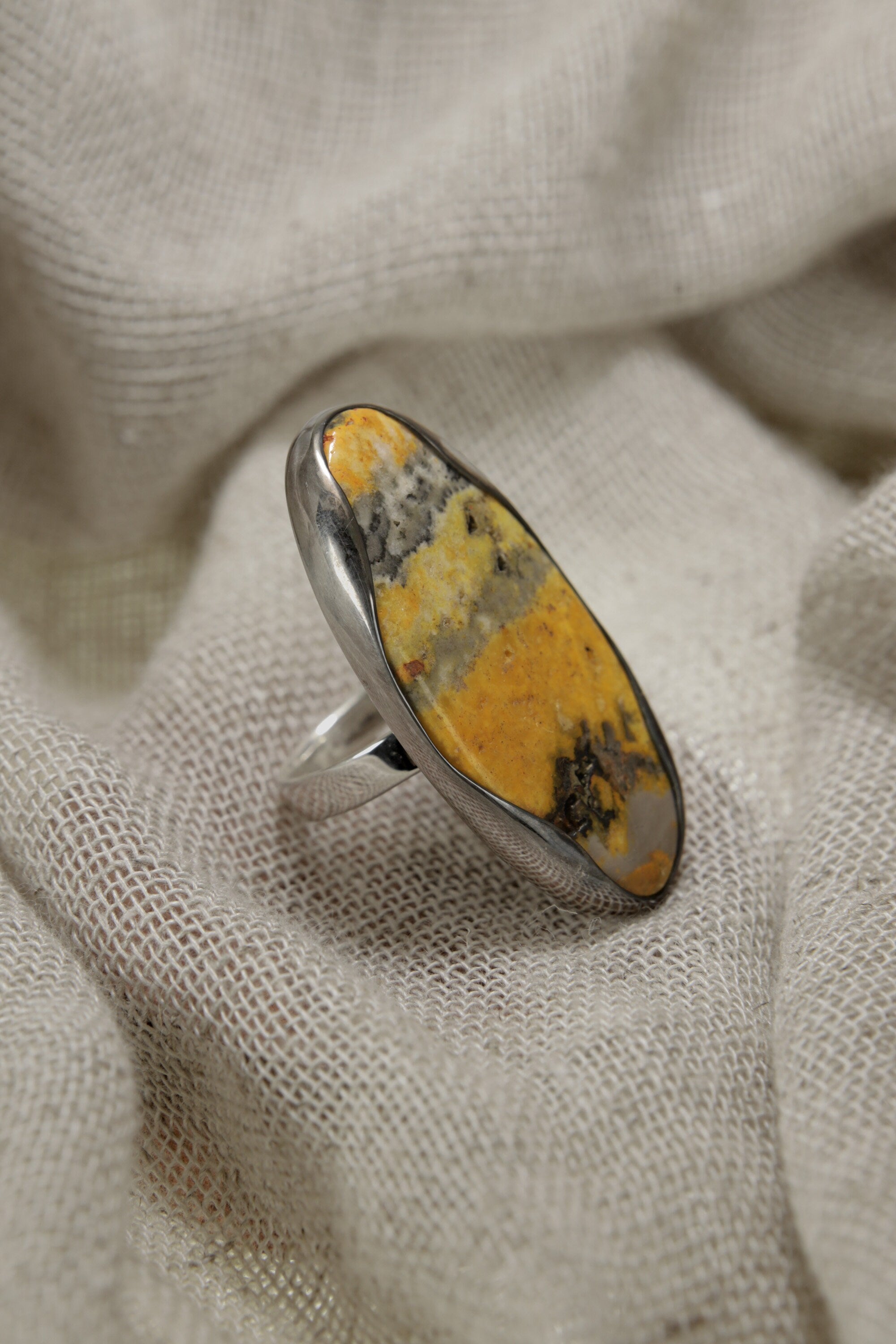 Sunburst Splendor: Adjustable Sterling Silver Ring with Bumble Bee Jasper - Unisex - Size 5-12 US