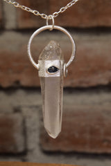 Sapphire Serenity: Sterling Silver Sand-Textured Crystal Pendant with Australian Lemurian Quartz and Sapphire