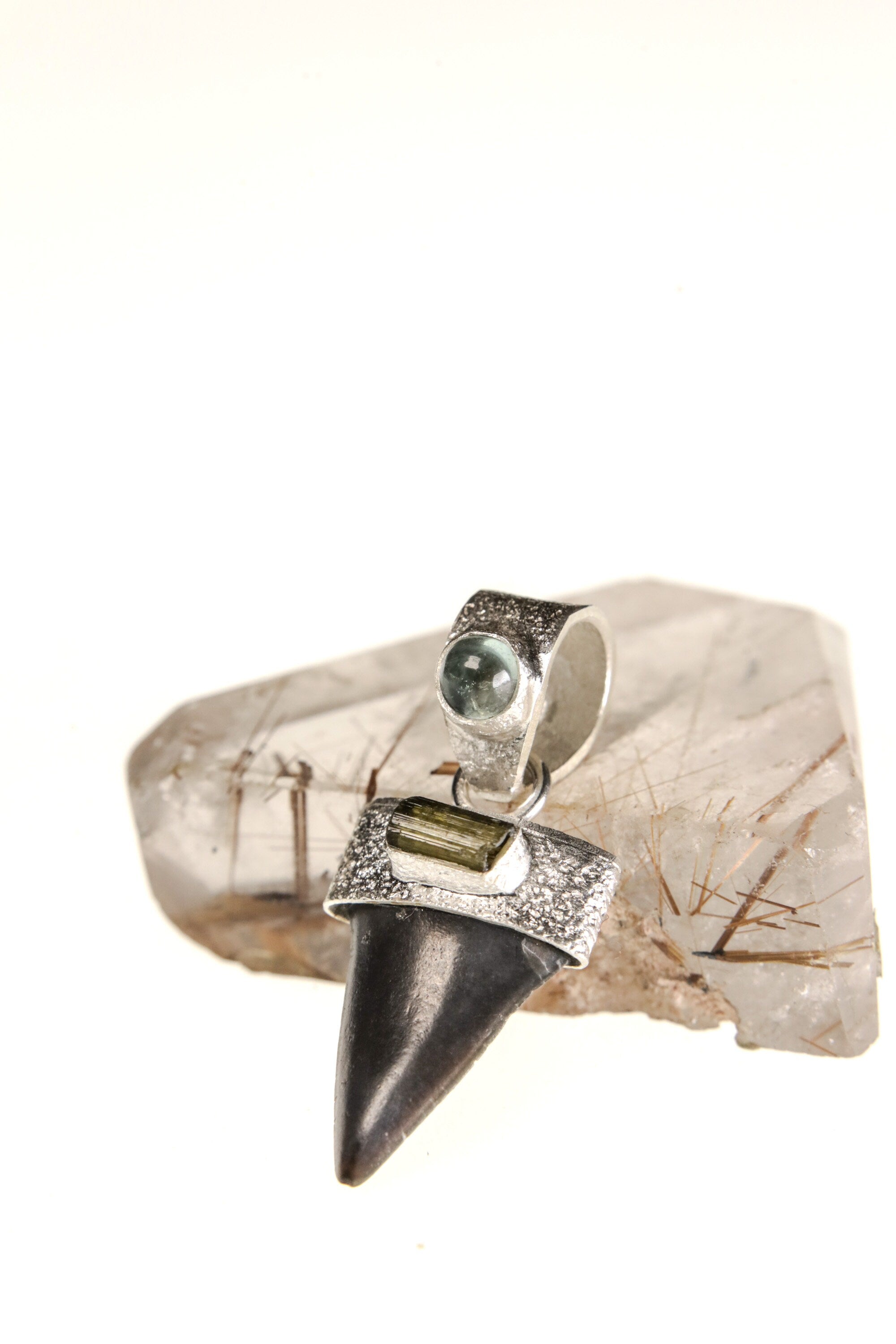 Megalodon Marvel: Ancient Megalodon Tooth adorned with Raw Green Tourmaline & Aquamarine Cabochon - Crystal Pendant Neckpiece - NO/03