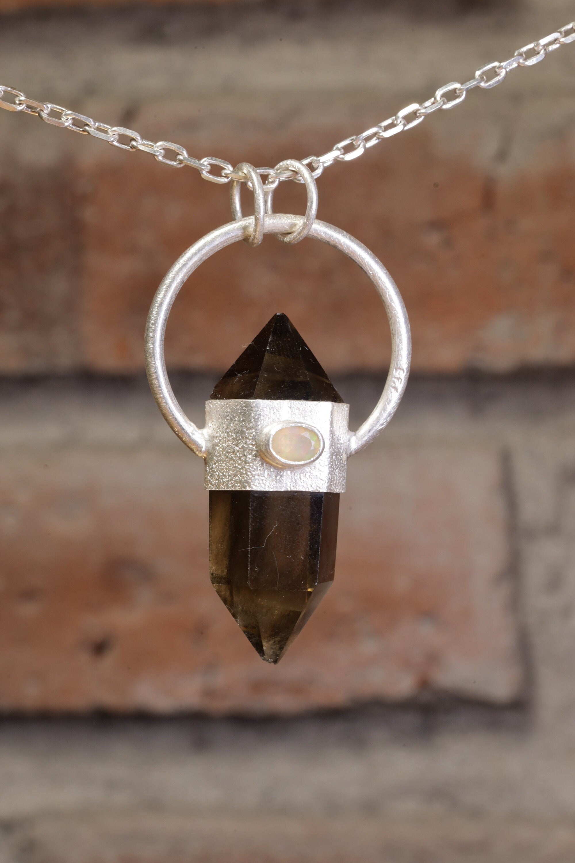 Sunfire Opulence: Sterling Silver Sand-Textured Crystal Pendant with Cut Double Terminated Citrine Generator Quartz & Faceted Ethiopian Opal