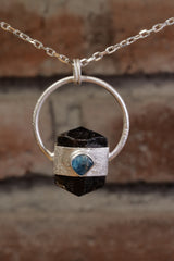 Apatite Harmony: Sterling Silver Sand-Textured Crystal Pendant with Double Terminated Dravite Brown Tourmaline and Gem Apatite