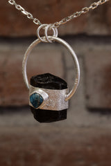 Apatite Harmony: Sterling Silver Sand-Textured Crystal Pendant with Double Terminated Dravite Brown Tourmaline and Gem Apatite