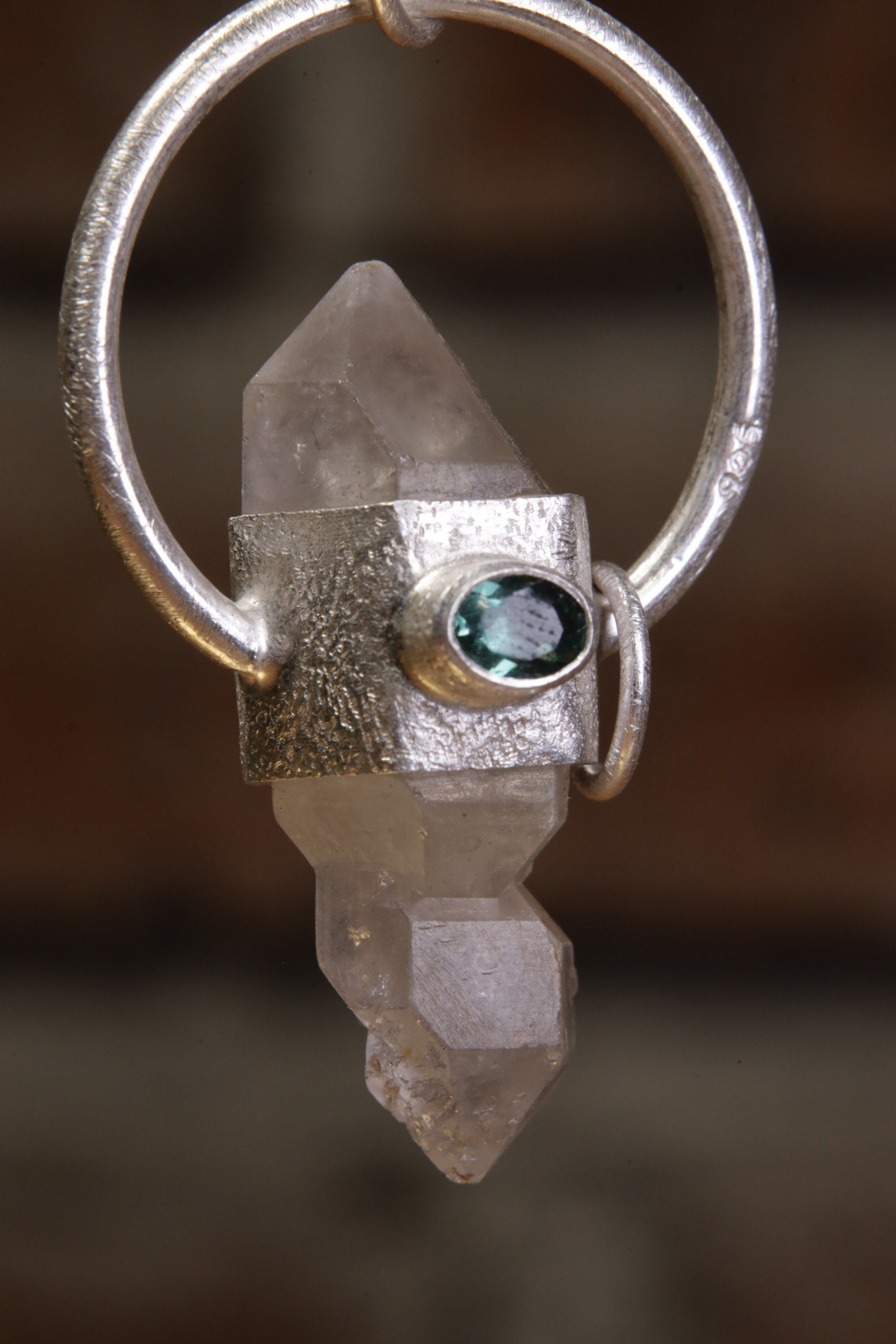 Emerald Essence: Sterling Silver Sand-Textured Crystal Pendant with Himalayan Double Terminated Skeletal Quartz and Faceted Emerald